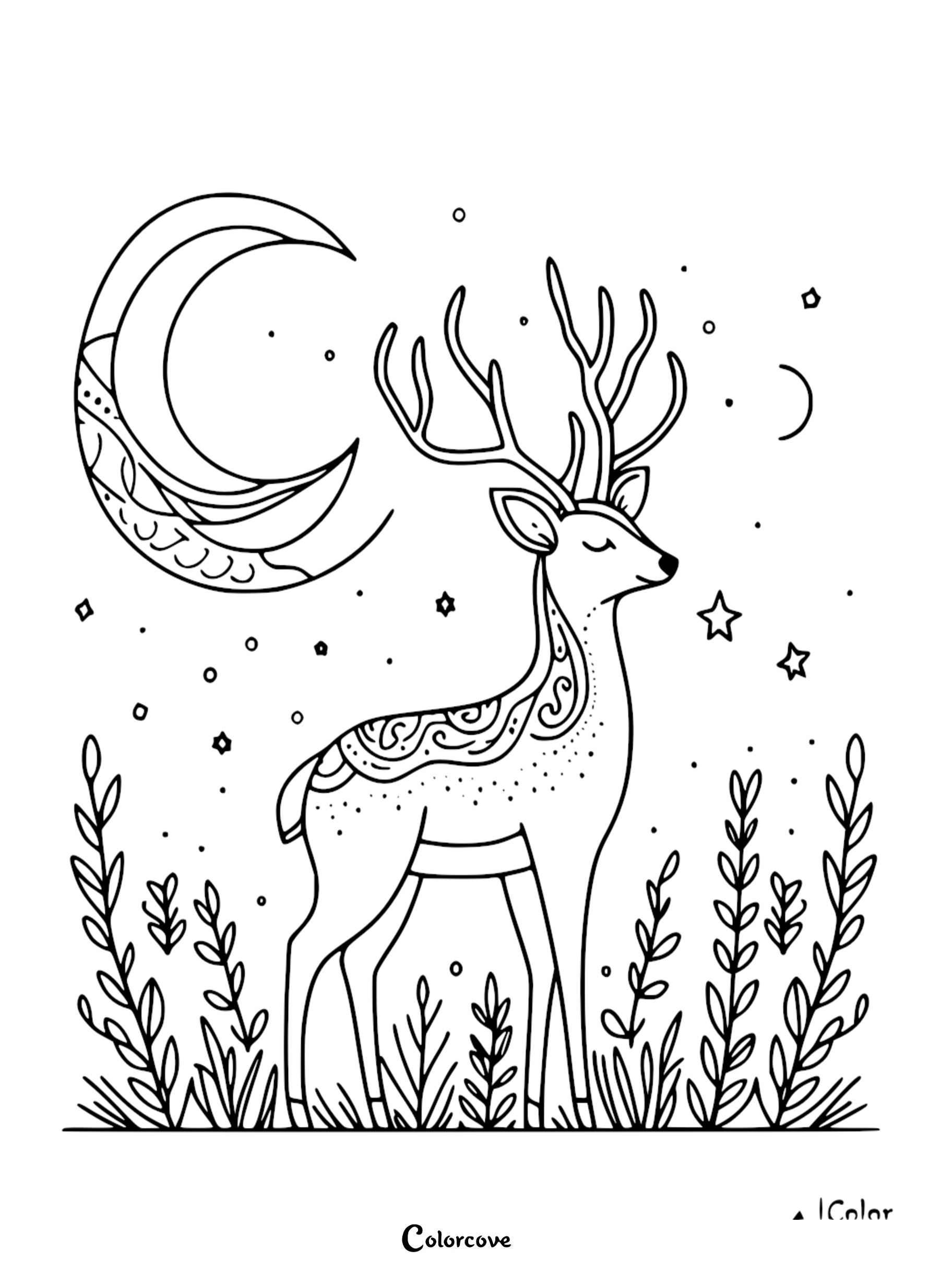 Coloring page of a peaceful deer with antlers in a starry night, featuring a decorative moon and patterned foliage design.