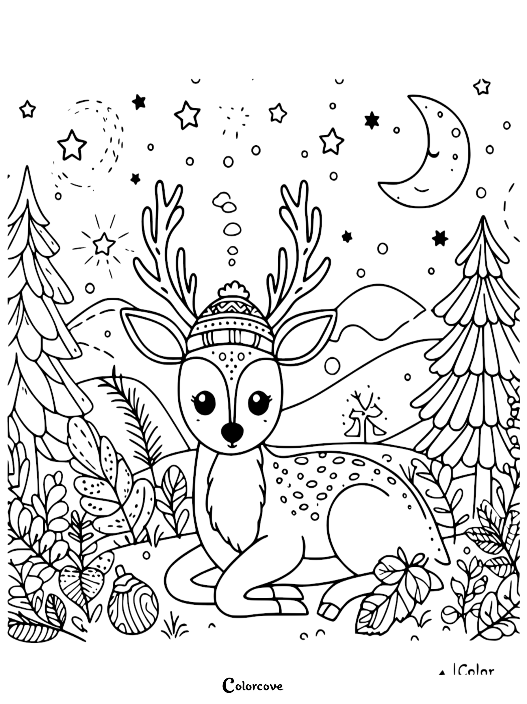 Cute deer with antlers in a Christmas hat, surrounded by trees and stars, nighttime winter forest coloring page.