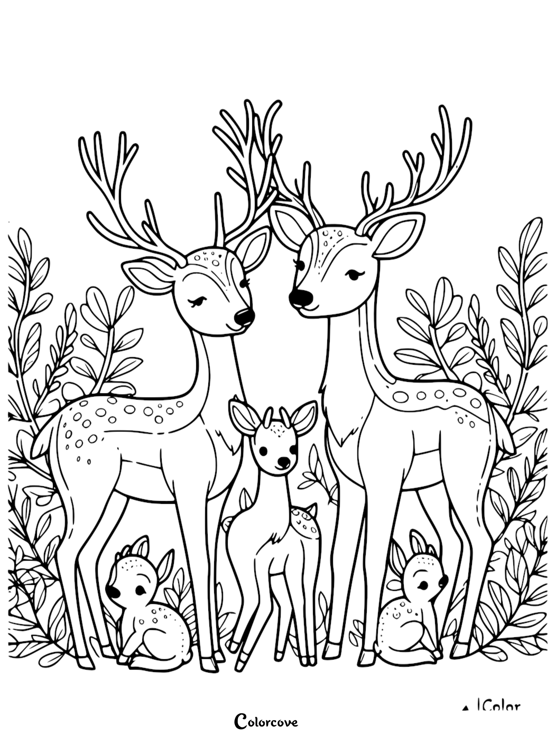 Deer family coloring page with two adults and three fawns amidst leafy bushes, perfect for kids and nature enthusiasts.