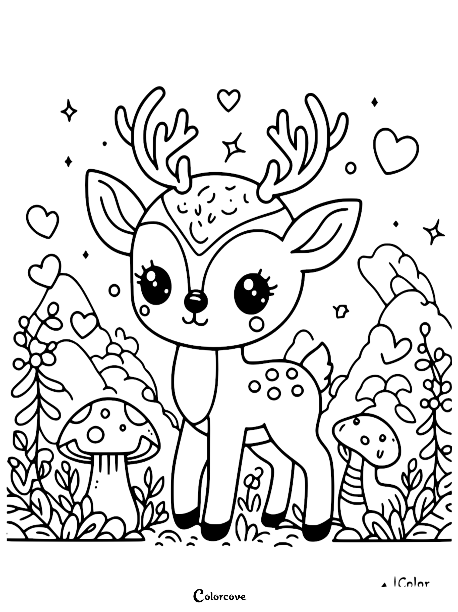 Cute deer in a forest coloring page, surrounded by hearts, mushrooms, and stars. Ideal for kids to color and enjoy.