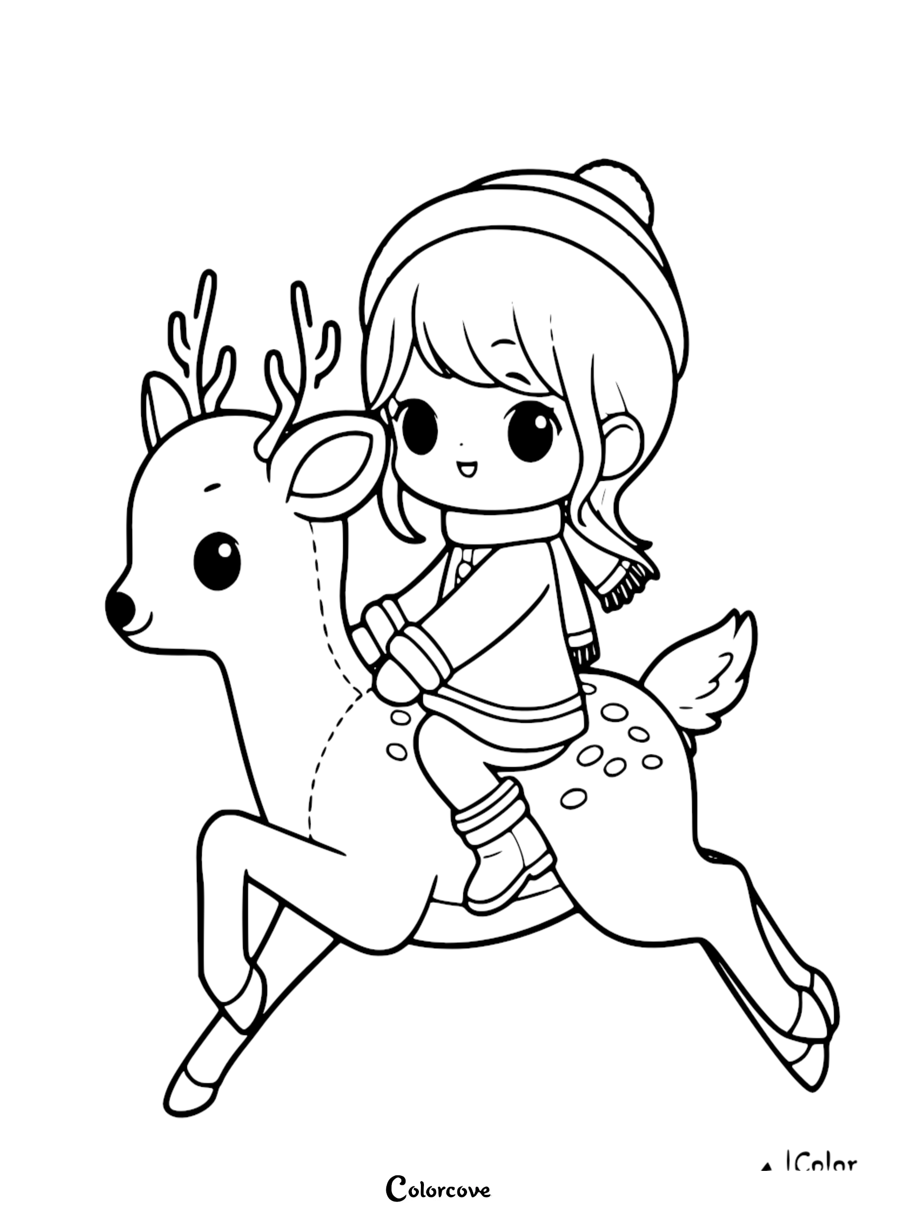 Cute child rides a reindeer coloring page, winter fun, printable activity for kids, holiday coloring, Color Cove.