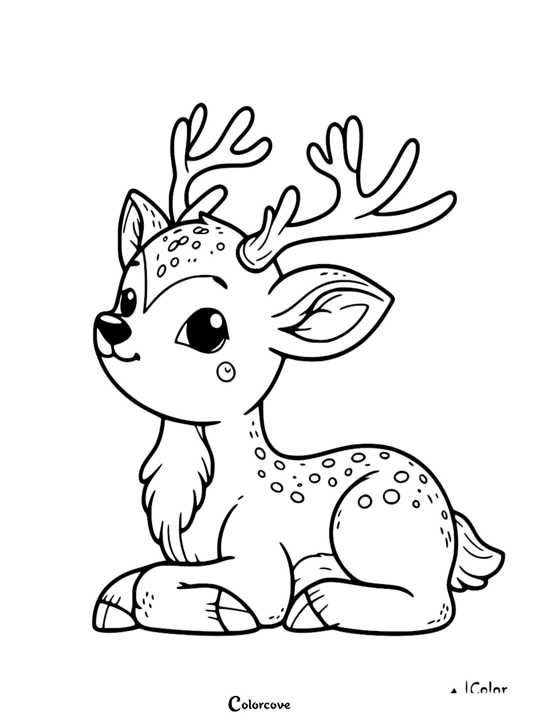 Cute baby deer coloring page with antlers and spots, ideal for kids' activities and printable coloring sheets.