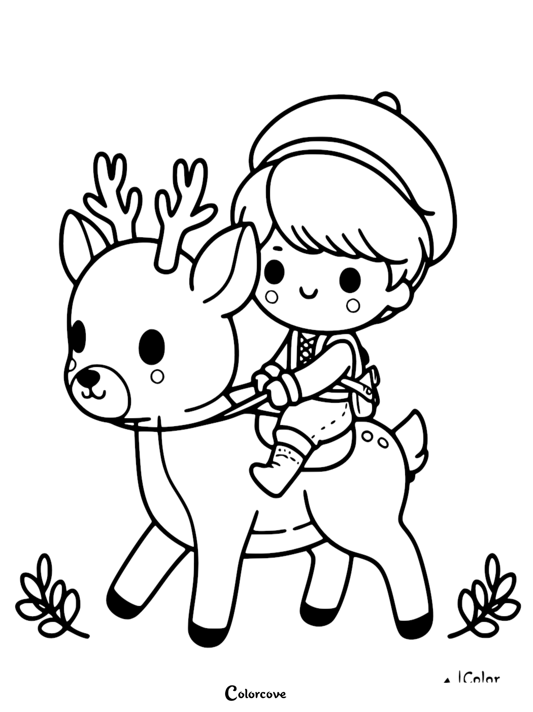 Adorable coloring page of a child riding a reindeer, perfect for holiday-themed activities and fun creative time.