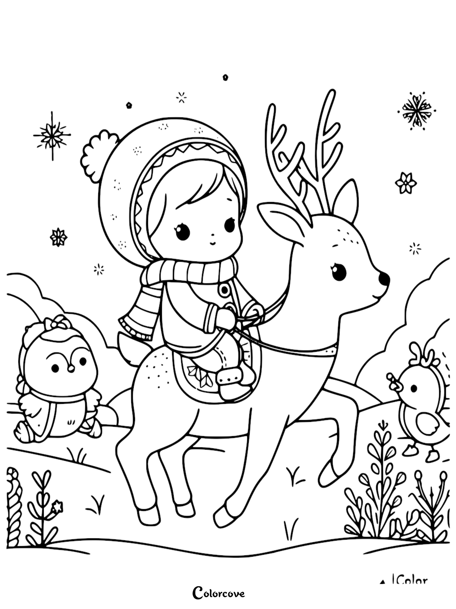 Child riding reindeer coloring page. Winter-themed artwork with snowflakes, animals, and cute kid in winter clothes.