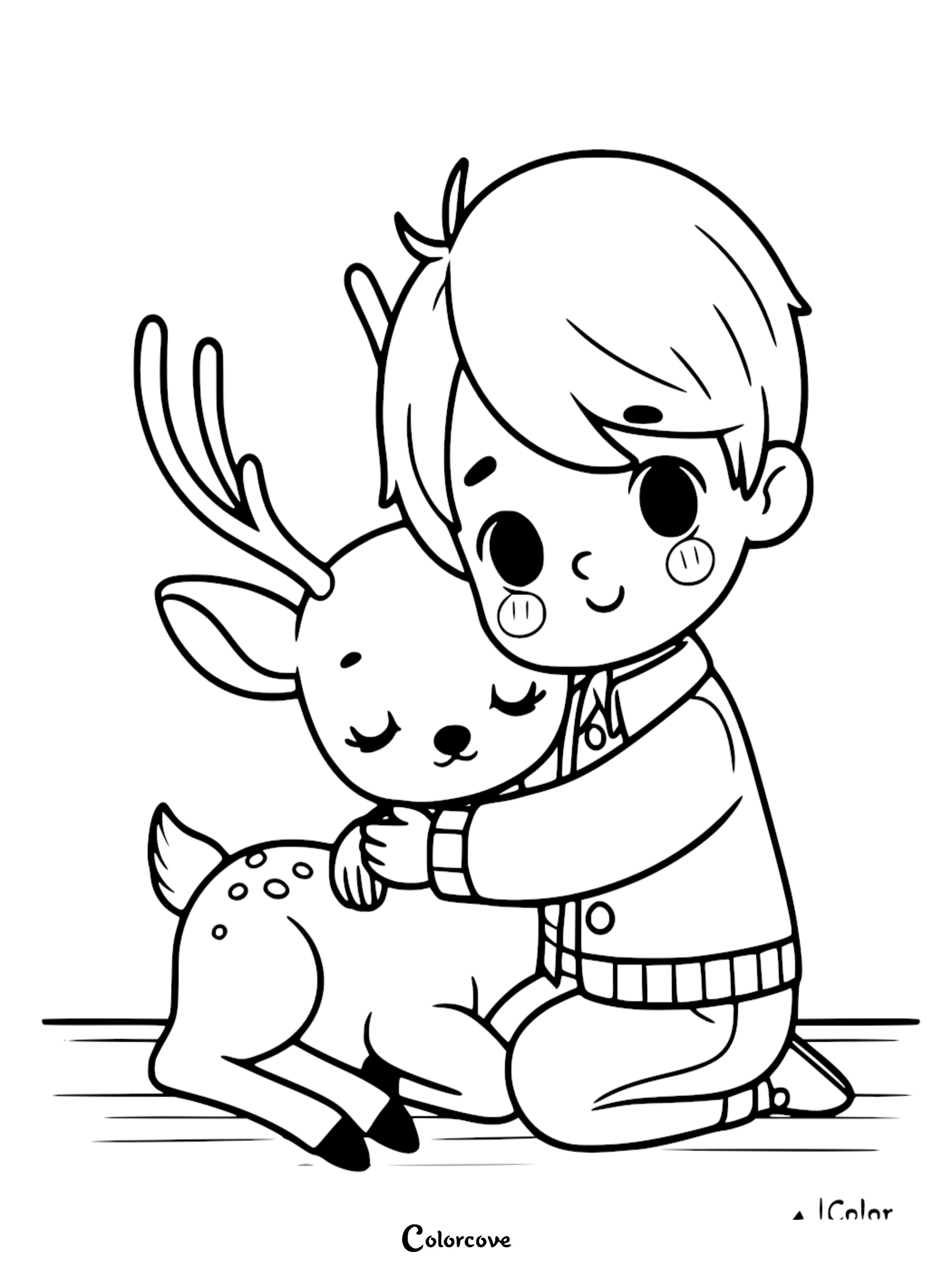 Cute coloring page of a child hugging a reindeer, ideal for kids' holiday crafts, winter activities, and Christmas coloring fun.
