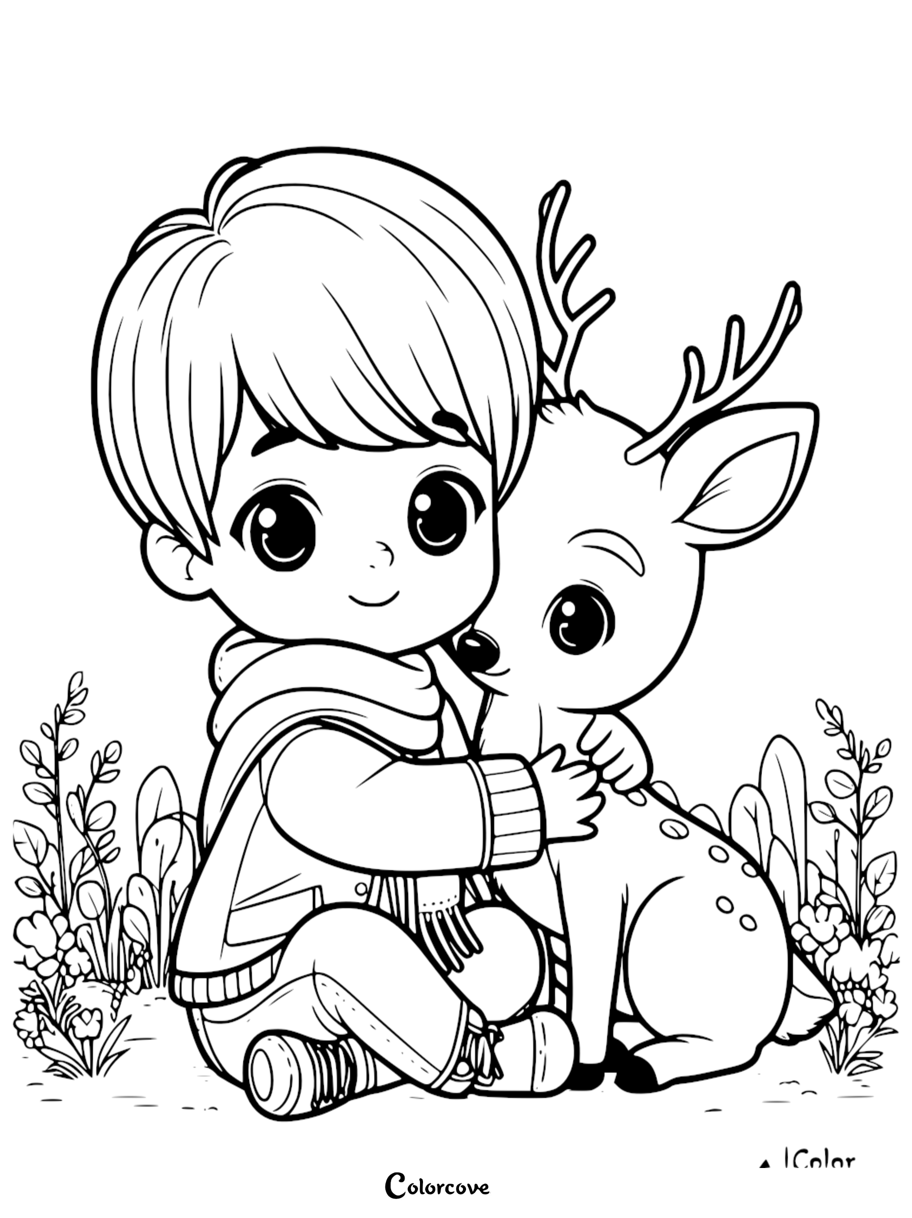 Adorable coloring page: Boy hugging a cute deer, surrounded by plants, perfect for kids' creativity and relaxation.
