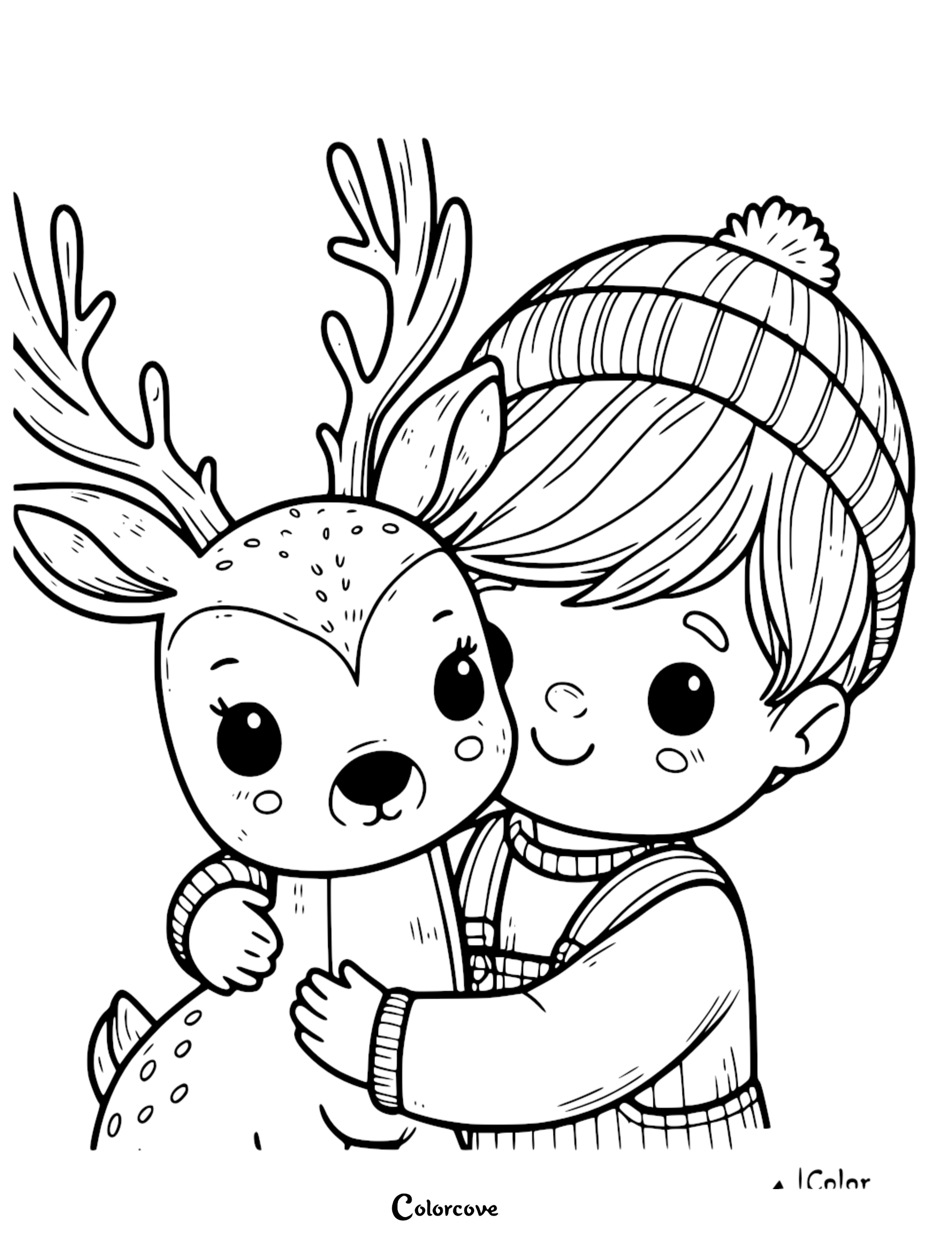 Child hugging a smiling deer, cute coloring page for kids featuring a boy in a winter hat and a friendly reindeer.