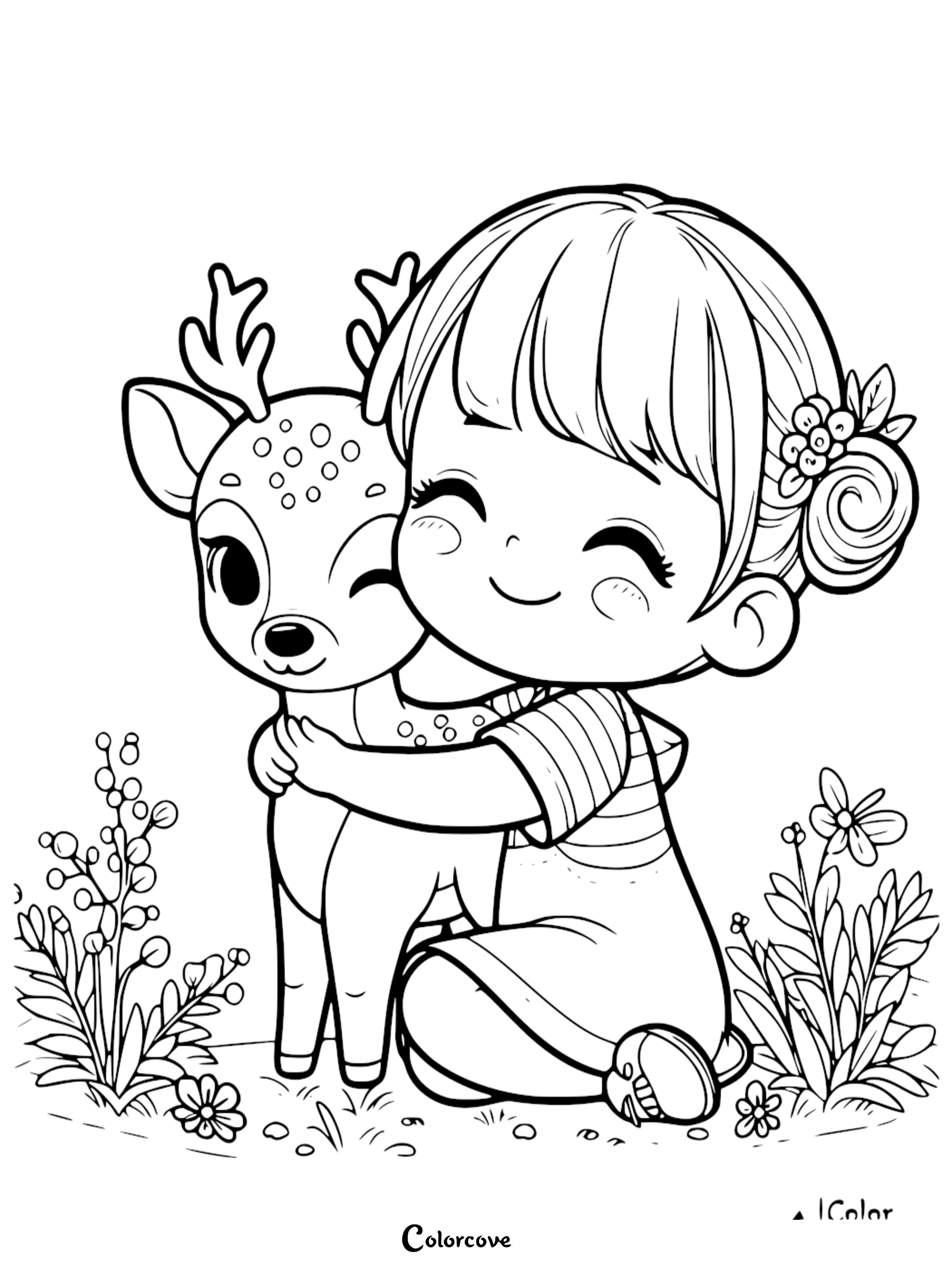 Adorable coloring page of a girl hugging a deer, surrounded by flowers. Perfect for kids' creative fun.