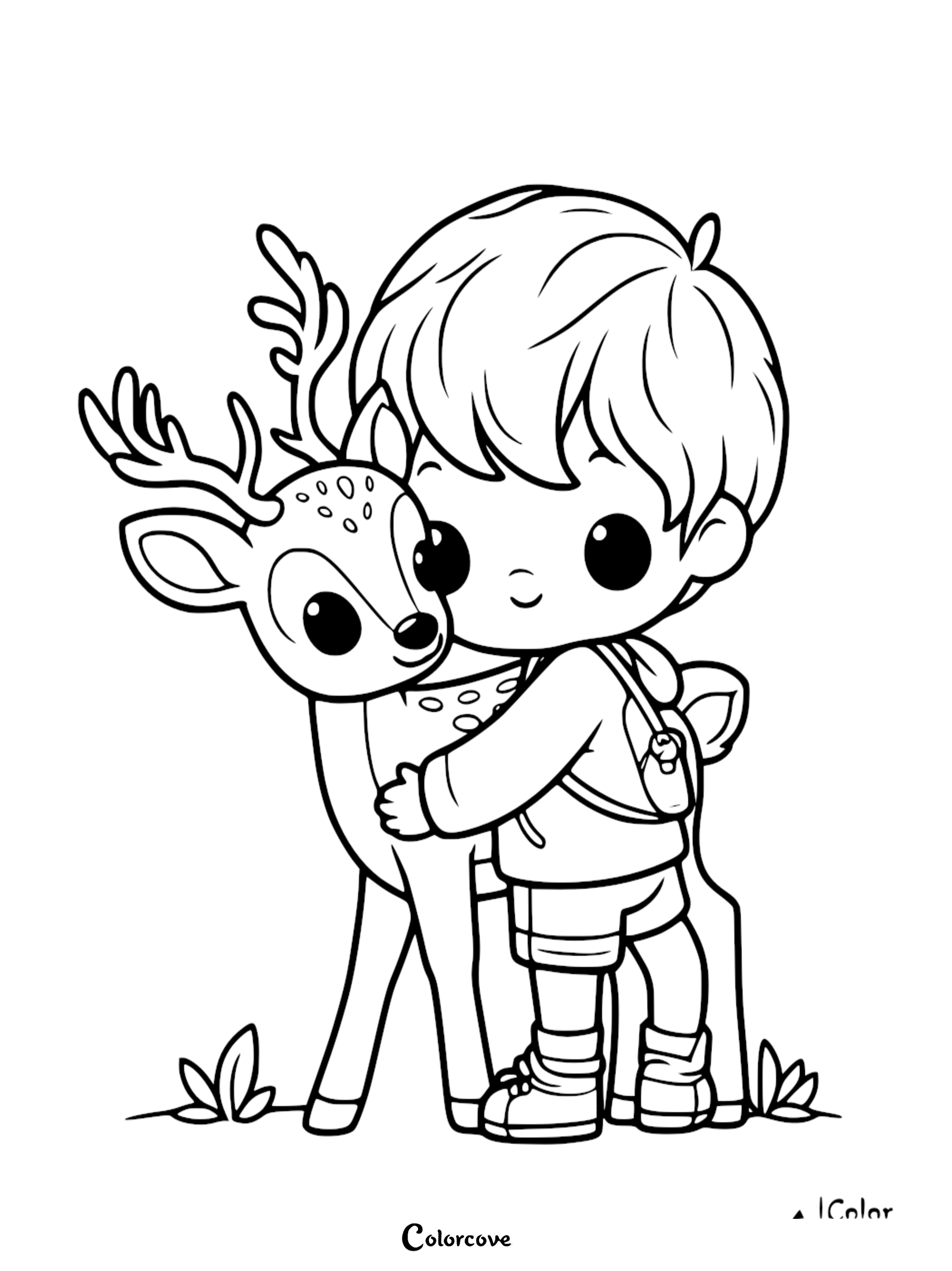 Coloring page of a child hugging a deer with a backpack. Fun and cute printable coloring activity for kids and nature lovers.