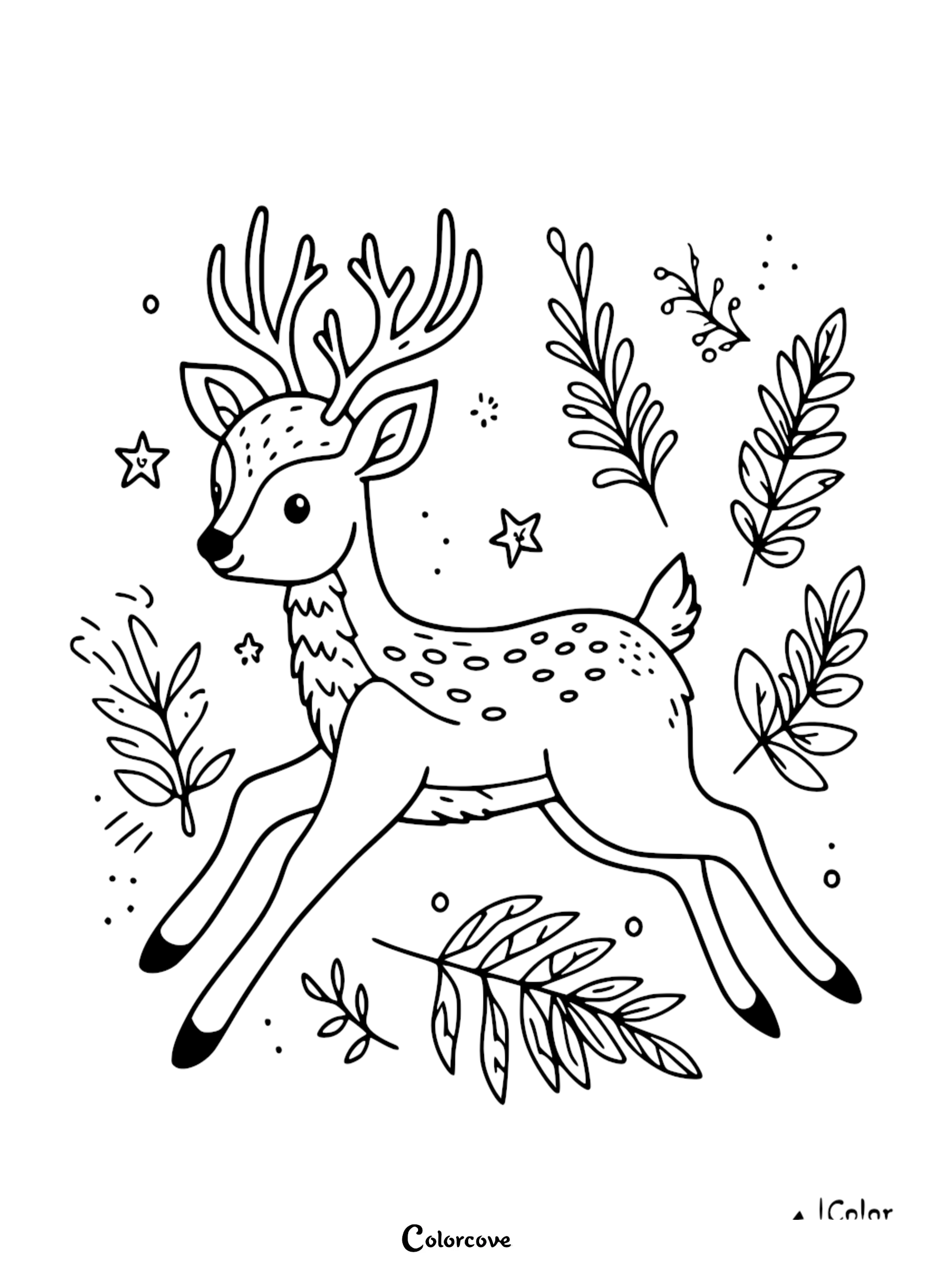 Cute reindeer coloring page with intricate designs, leaves, stars, and patterns for kids to color creatively.