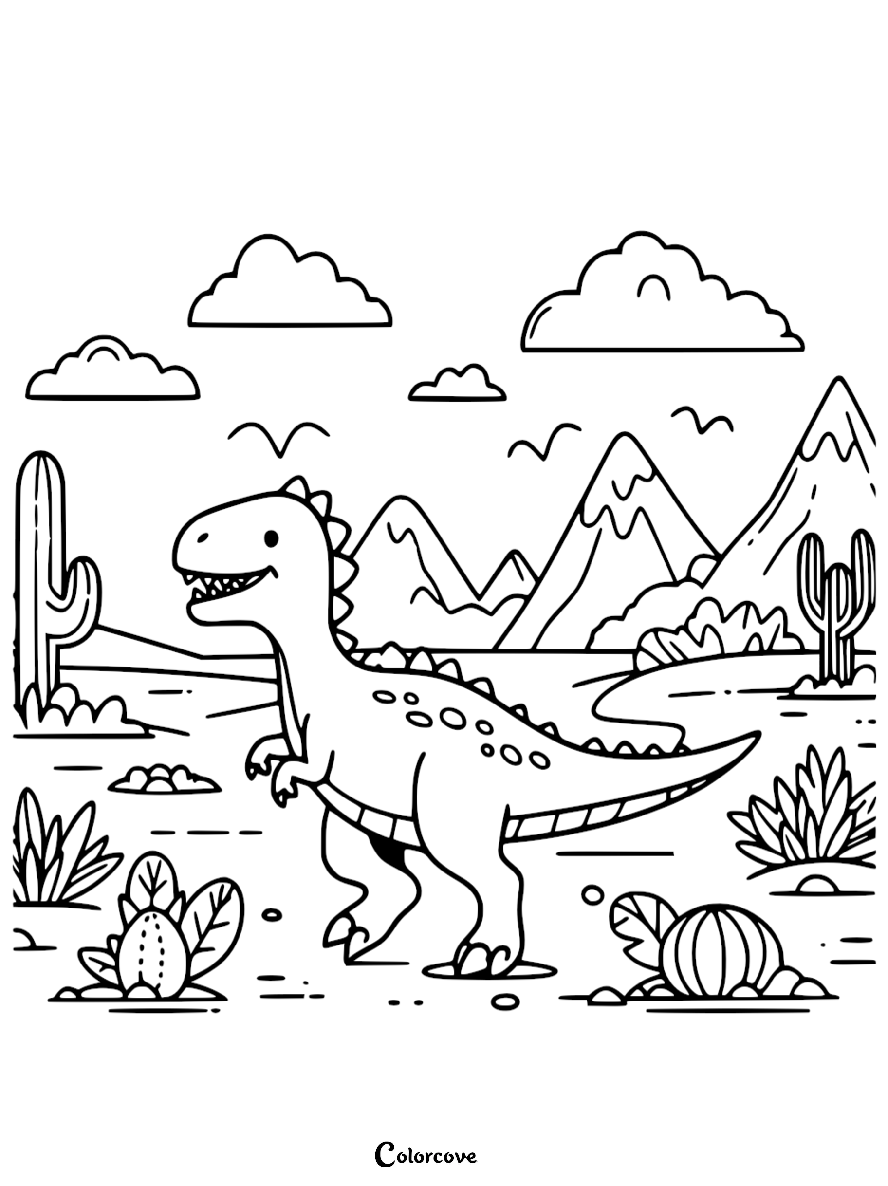 A cute dinosaur standing in a desert landscape with cacti, mountains, and clouds in this printable coloring page.