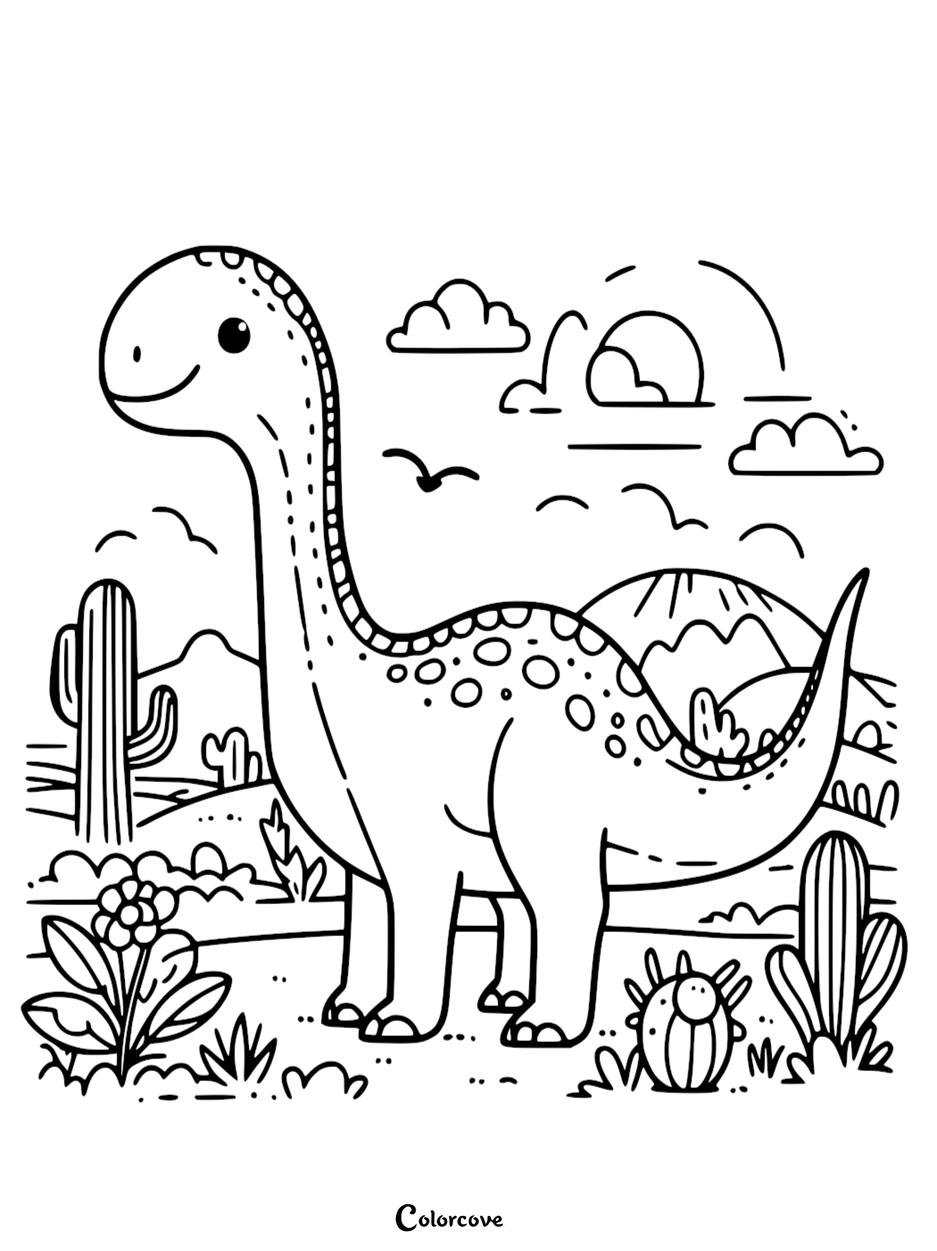 A cute long-neck dinosaur standing in a desert landscape with cacti, mountains, and clouds in this printable coloring page.