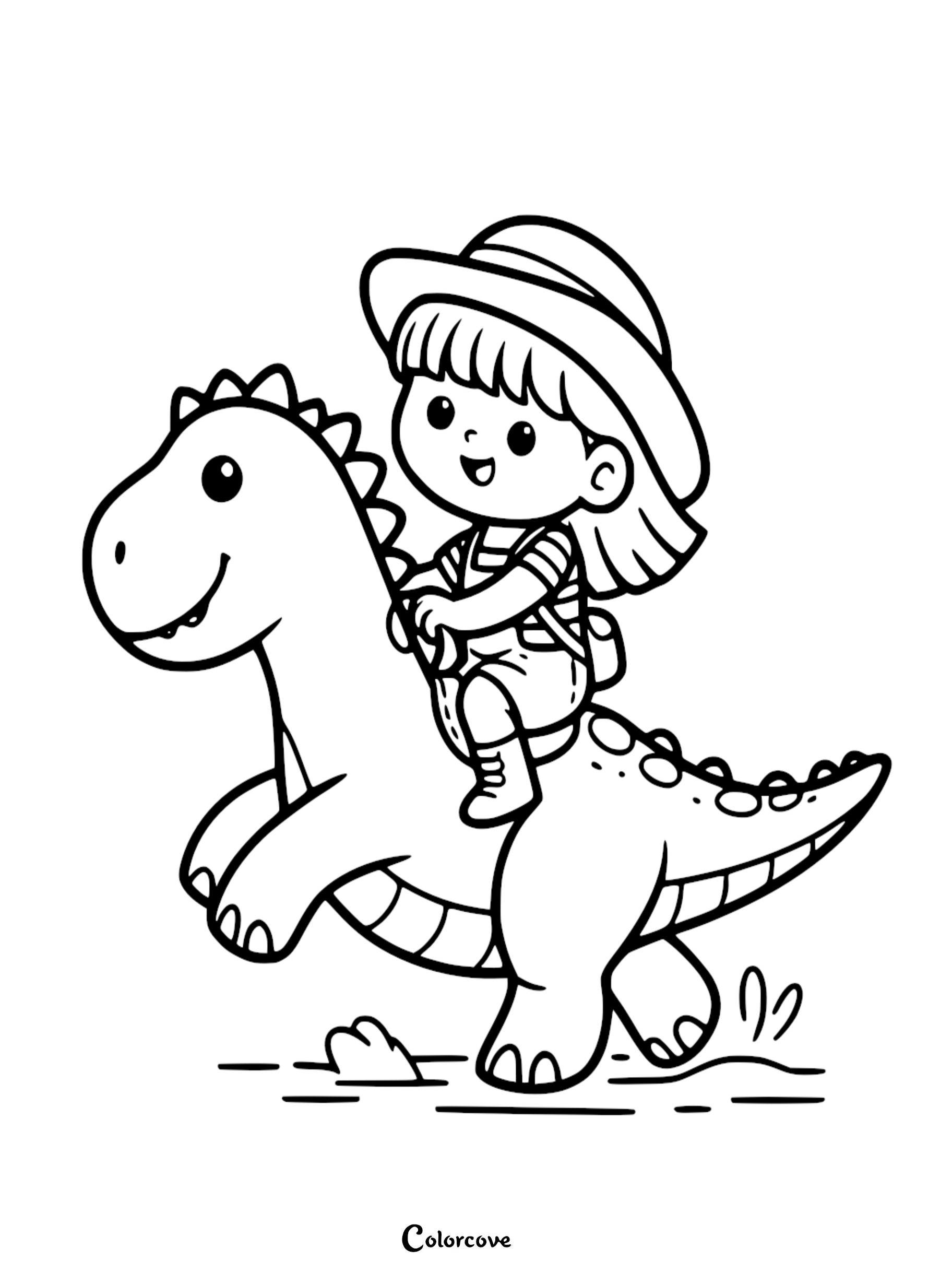 A girl wearing a safari hat and overalls riding a friendly cartoon dinosaur in this printable coloring page.