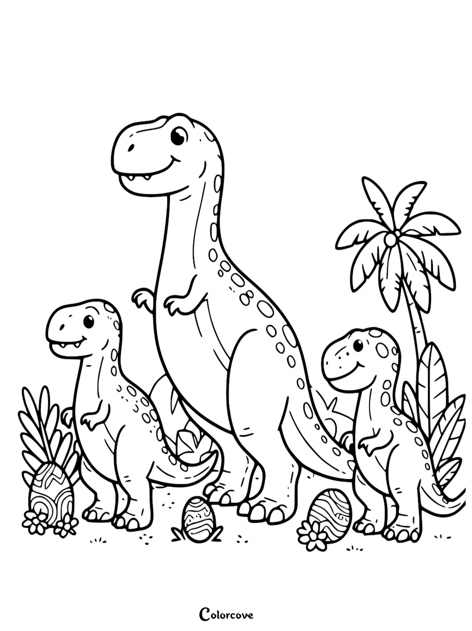 A mother T-Rex standing with two baby dinosaurs near patterned eggs and a palm tree in this cute dinosaur coloring page.
