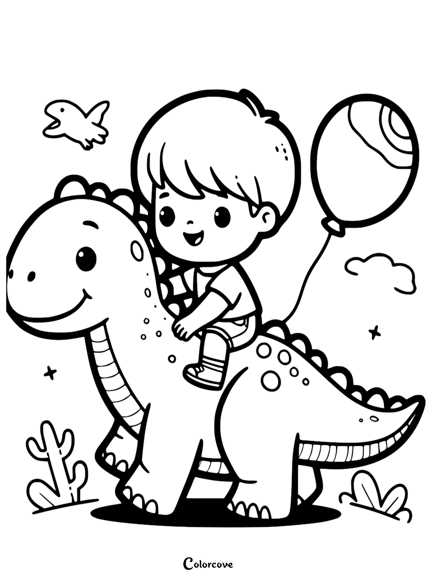 A cute boy with short hair riding on the back of a friendly spotted dinosaur while holding a balloon in this printable coloring page.