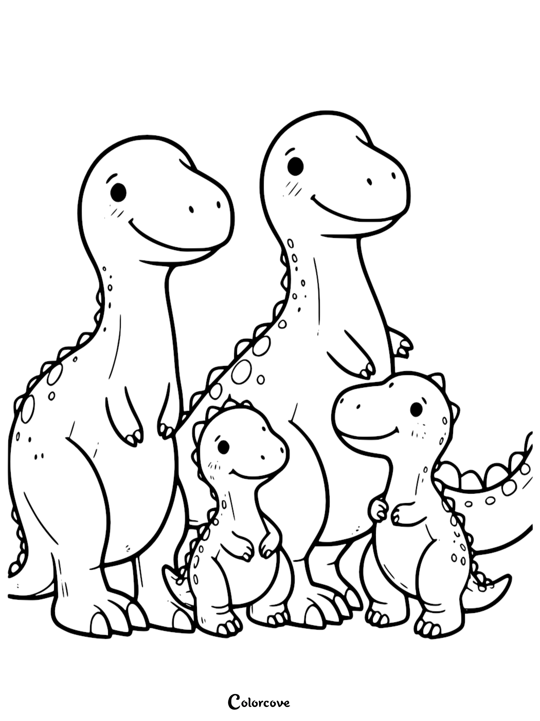 A cute dinosaur family coloring page featuring two large adult dinosaurs standing behind two small baby dinosaurs with simple line art.