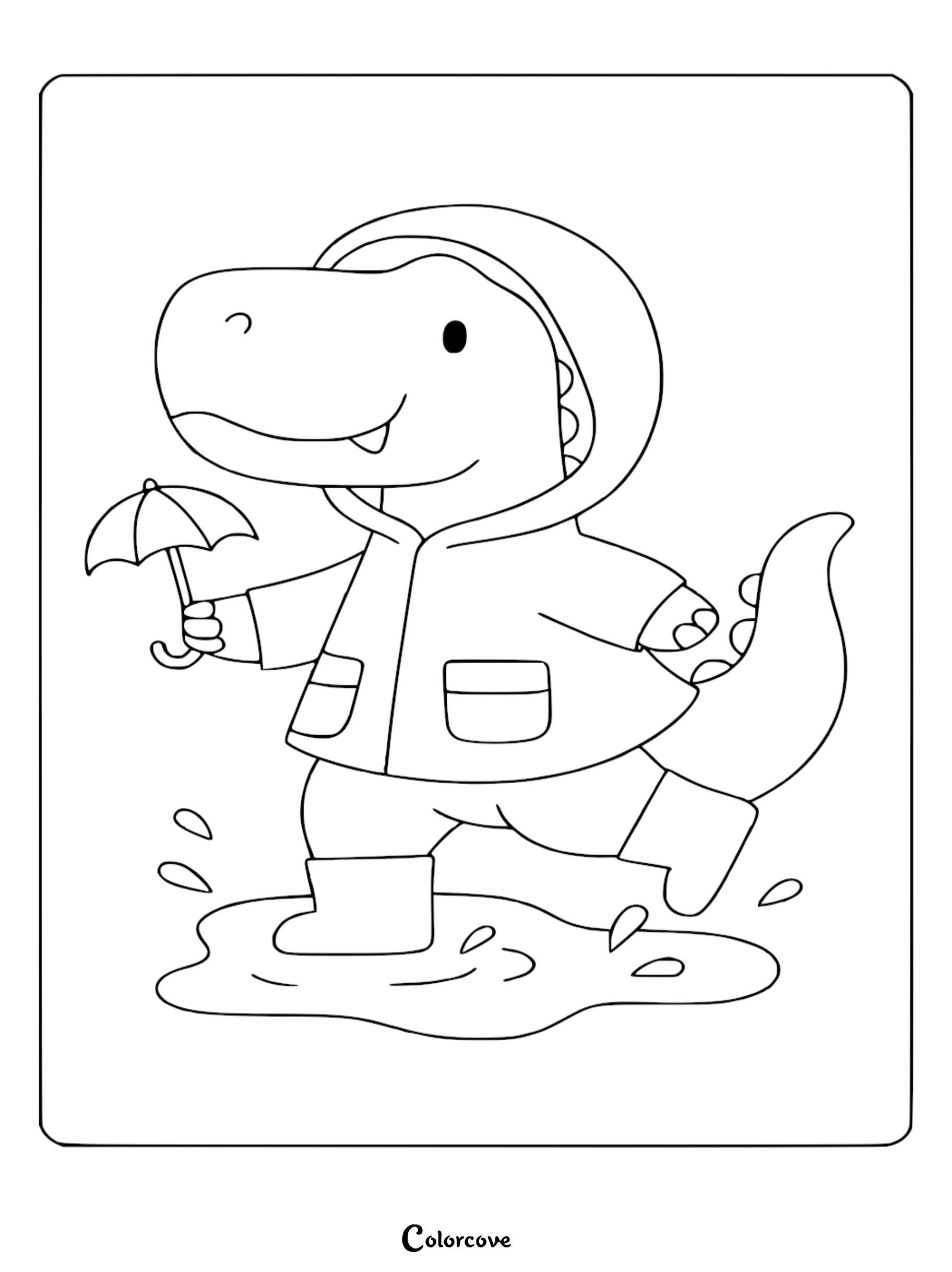 A cute dinosaur wearing a hooded raincoat and rubber boots holding a small umbrella while jumping in a puddle, printable coloring page.