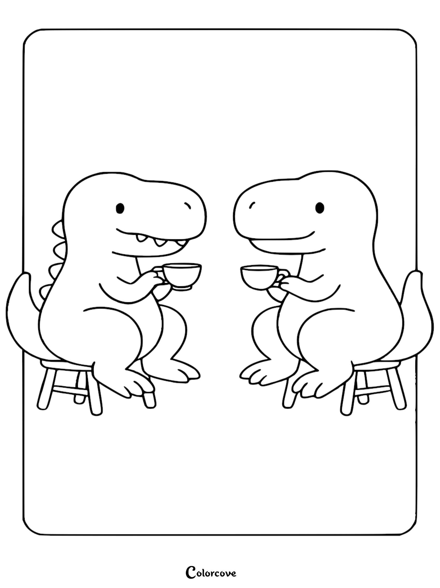 Two cute dinosaurs sitting on small stools and holding teacups in this simple line art coloring page.