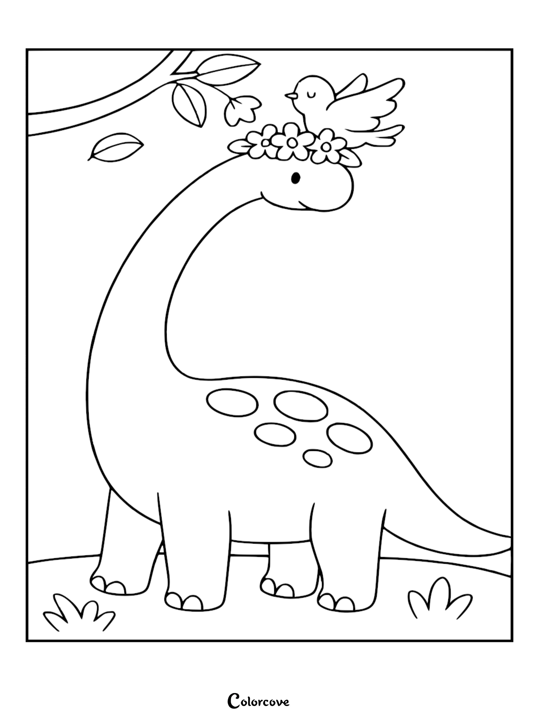 A cute long-necked dinosaur wearing a flower crown with a small bird perched on its head in this printable coloring page.