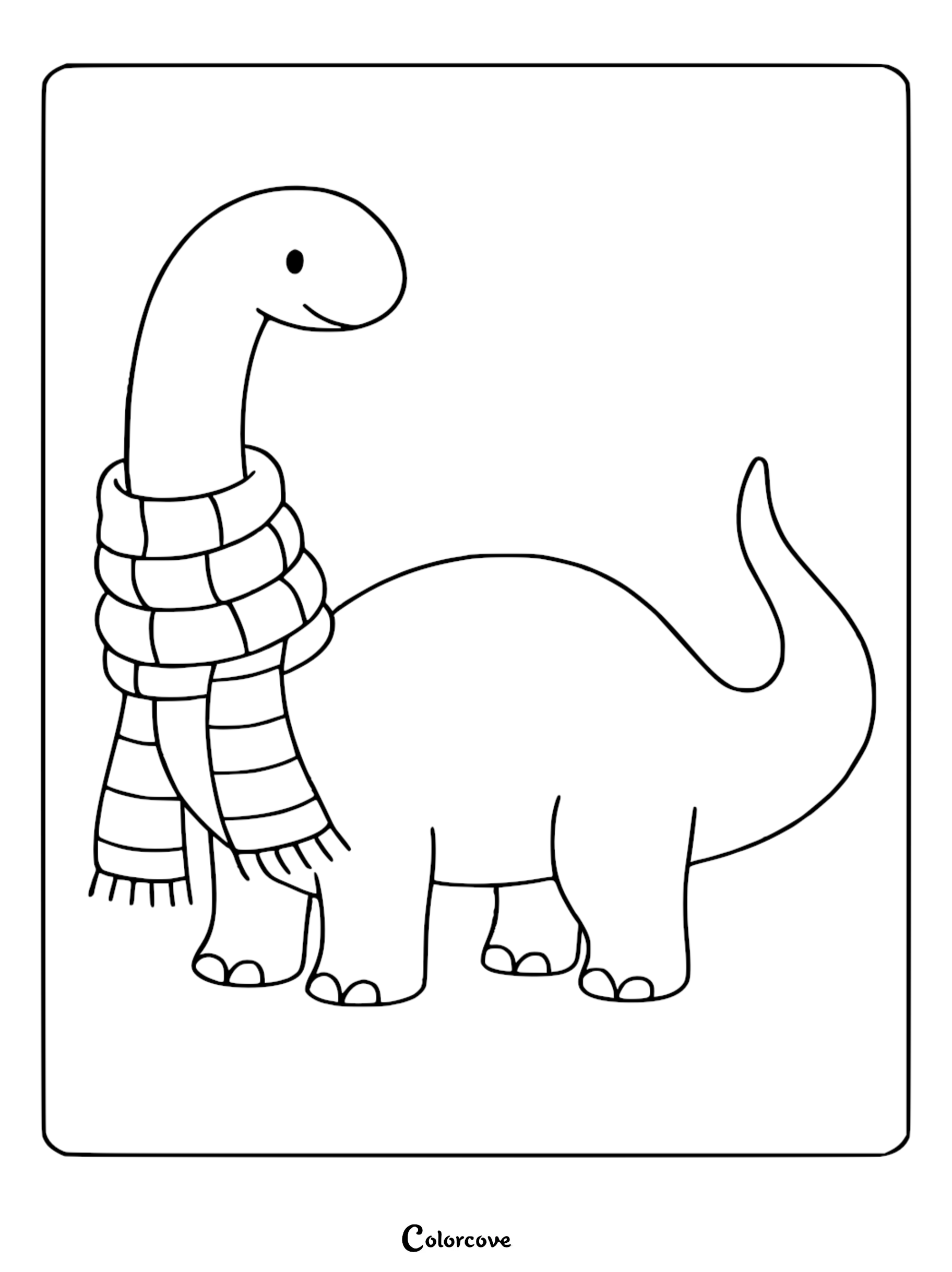 A simple line art coloring page of a friendly long-necked dinosaur wearing a thick, striped winter scarf.