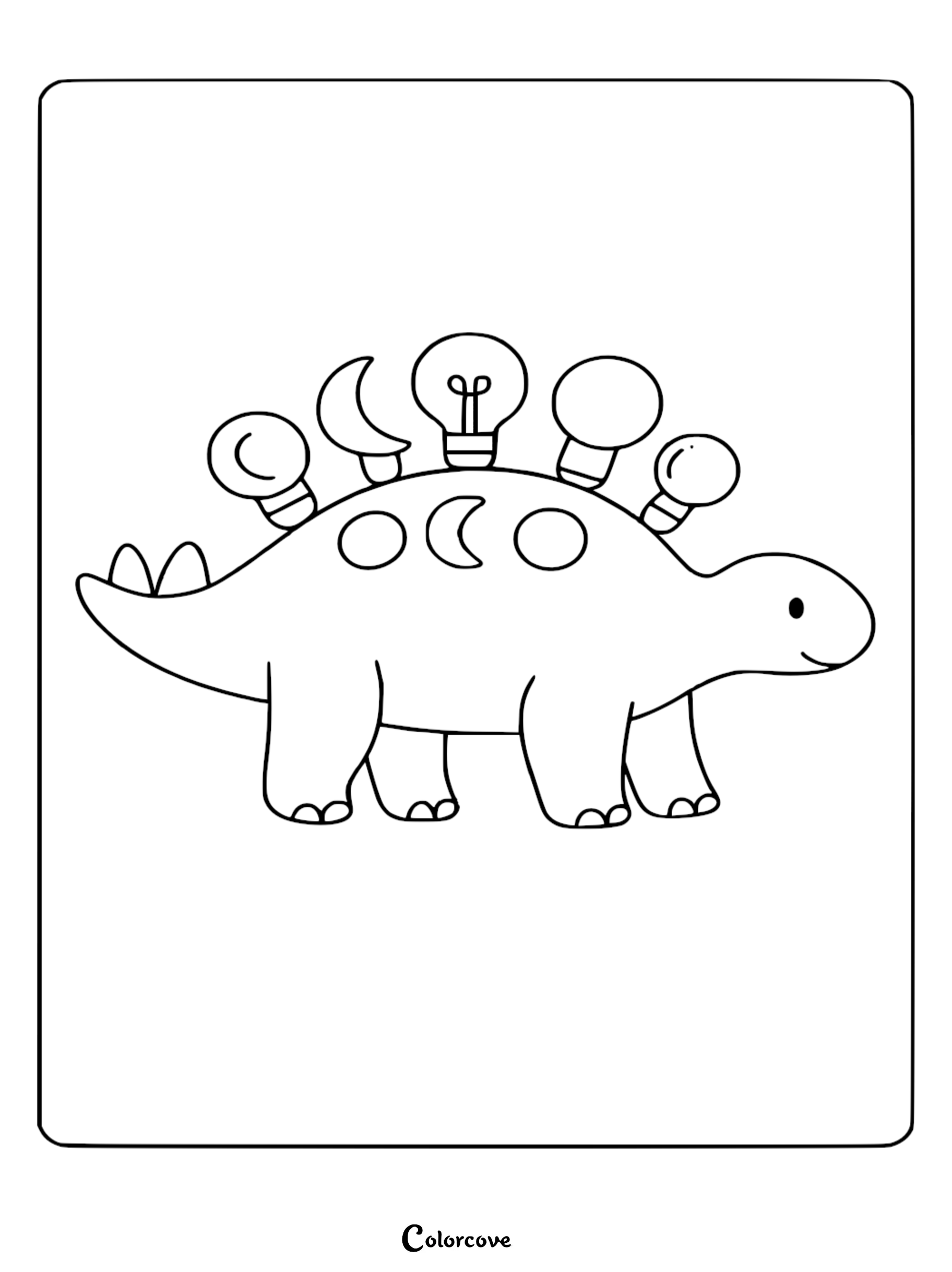 A cute Stegosaurus coloring page featuring lightbulbs and crescent moons on its back plates.