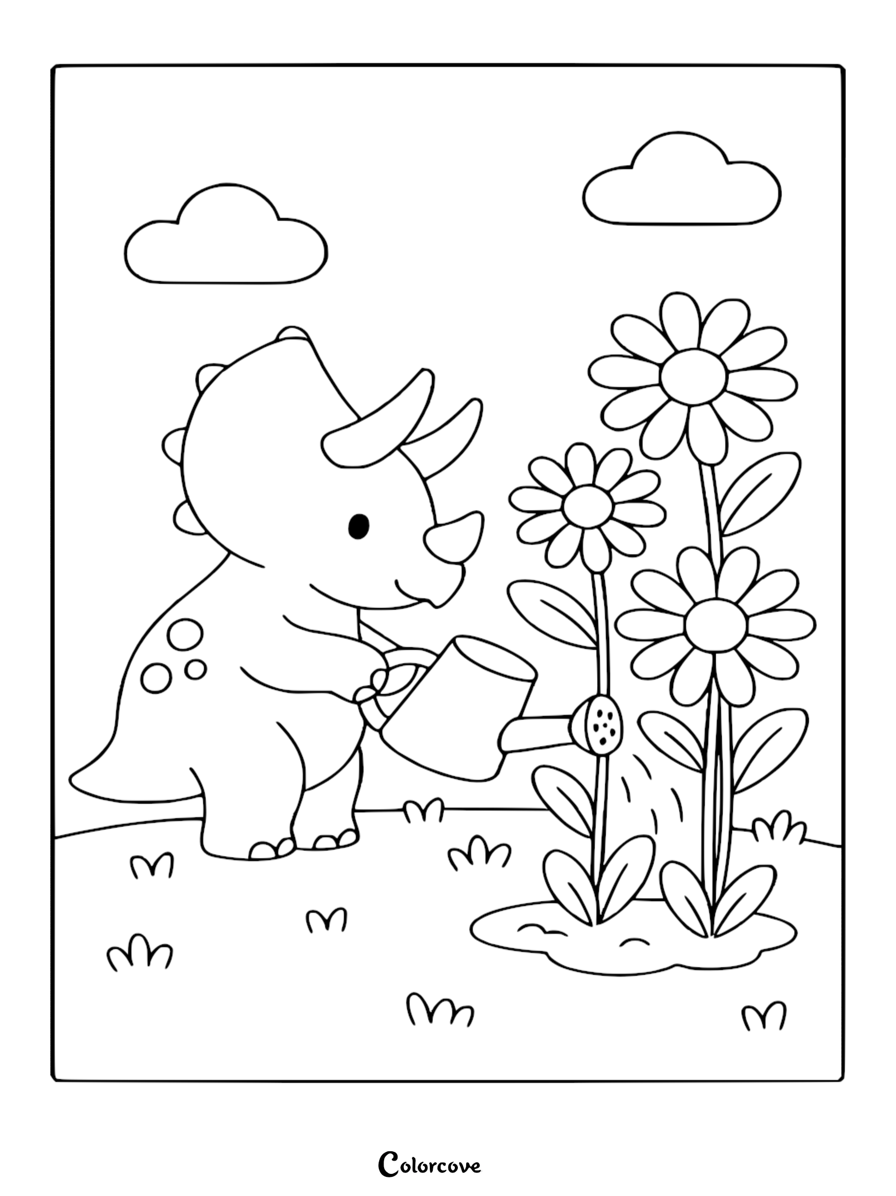 A cute baby triceratops holding a watering can to nourish tall daisies in a garden coloring page.