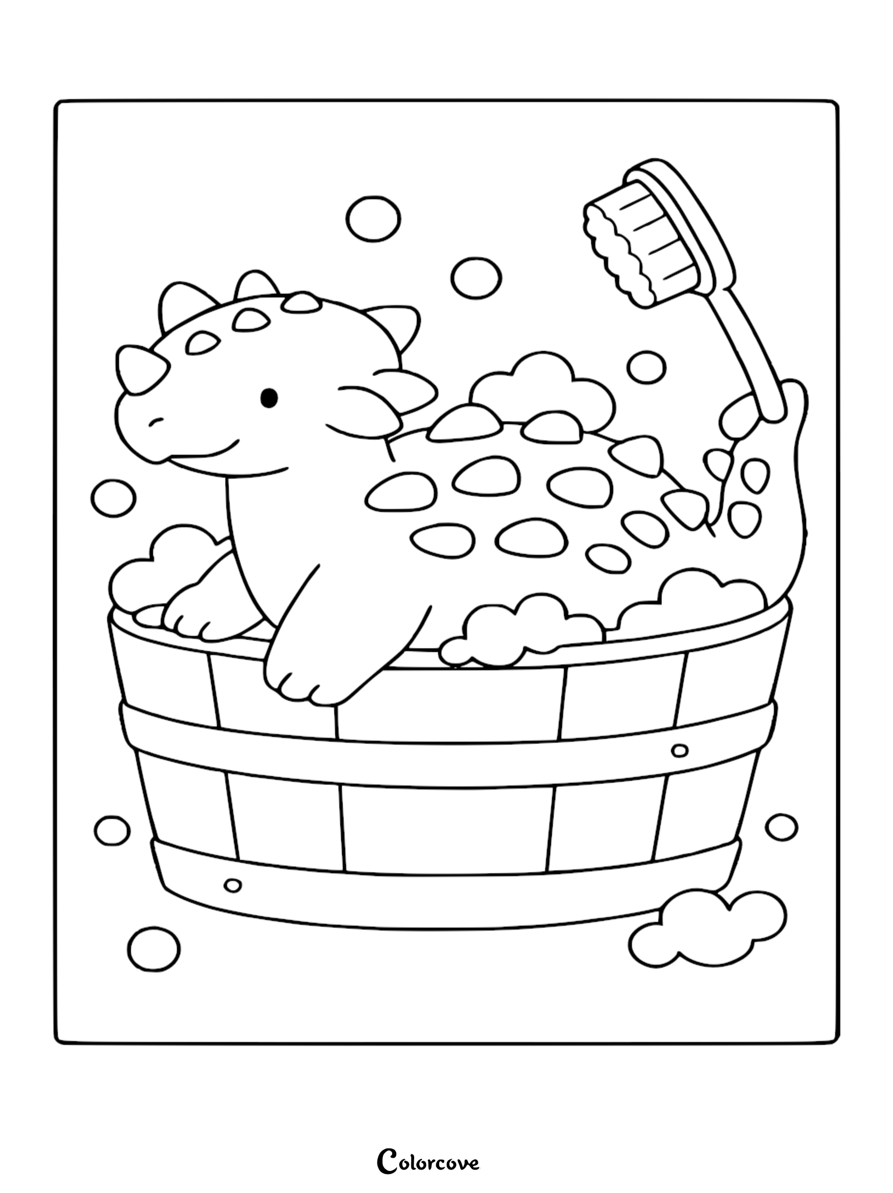 A cute ankylosaurus dinosaur sitting in a wooden tub filled with bubbles and holding a scrub brush, line art coloring page.