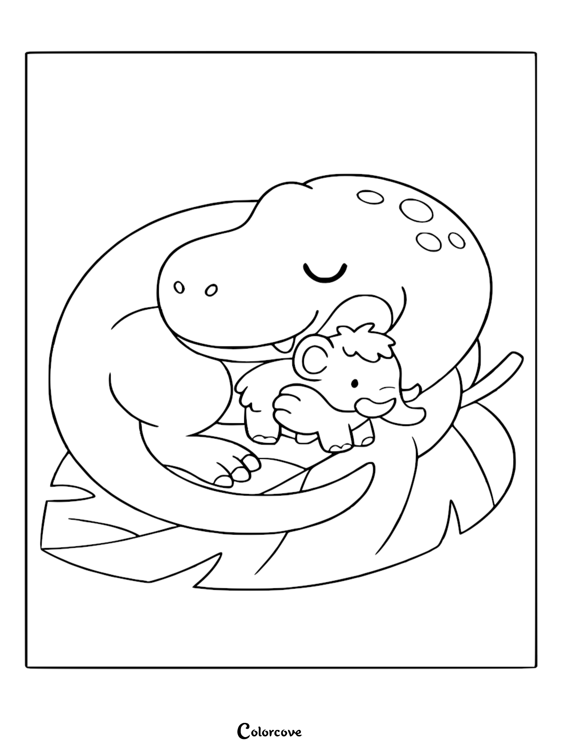 A cute dinosaur cuddling a baby mammoth on a large leaf in this printable coloring page.