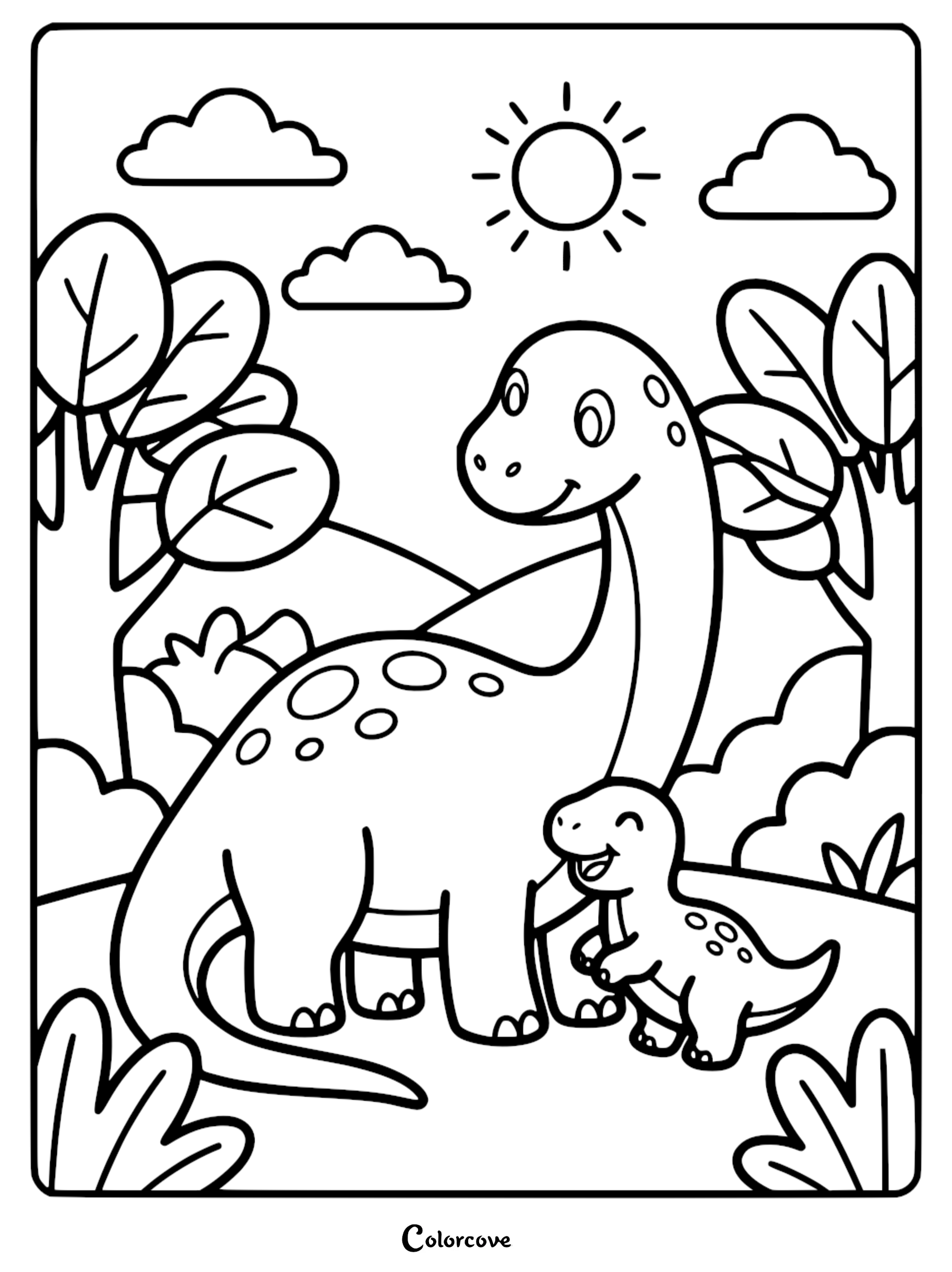 A cute long-necked dinosaur mother standing with her happy baby in a sunny forest, printable coloring page for kids.