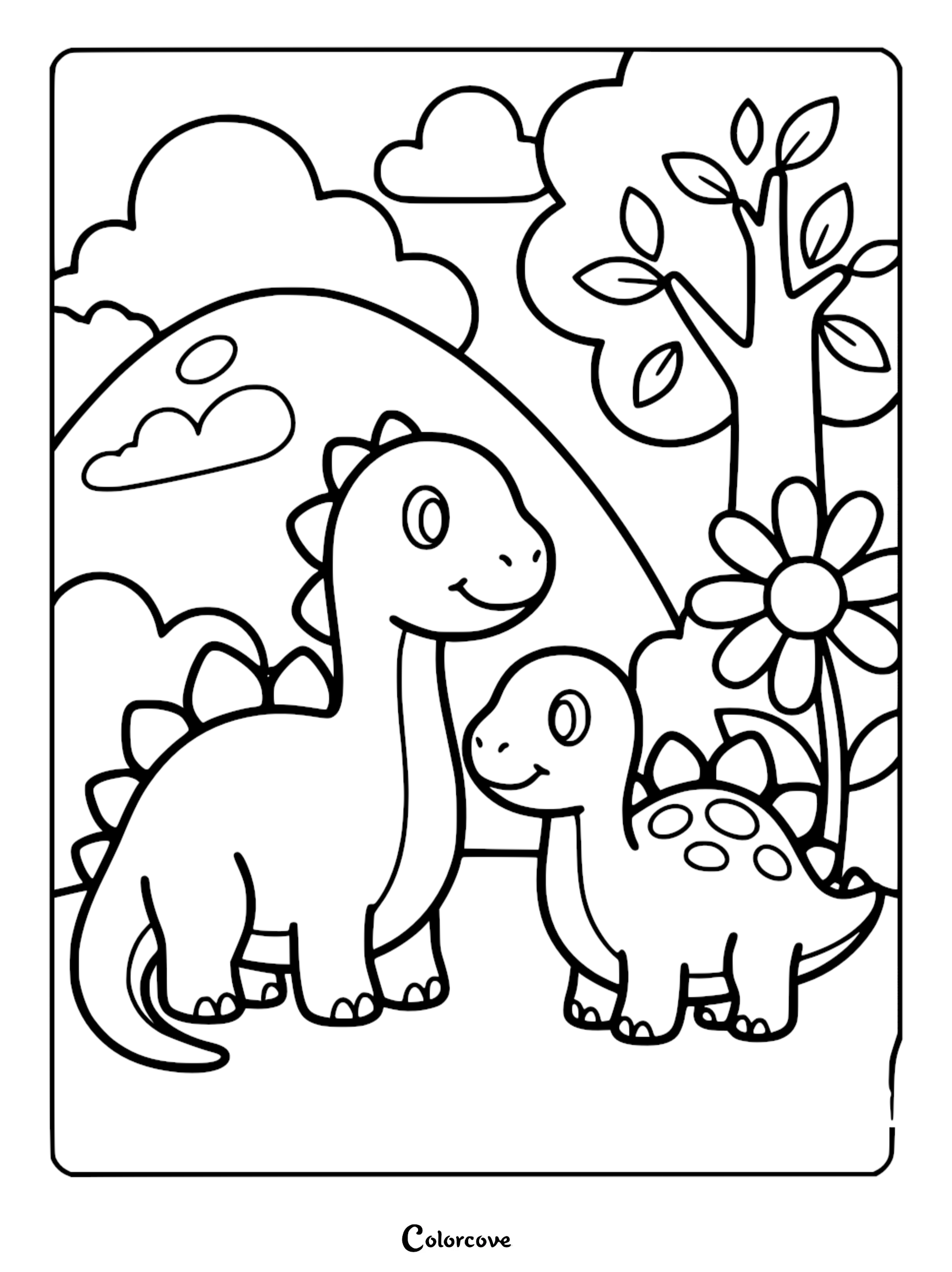 A cute dinosaur parent and baby standing together in a nature scene with a tree and flower in this printable coloring page.