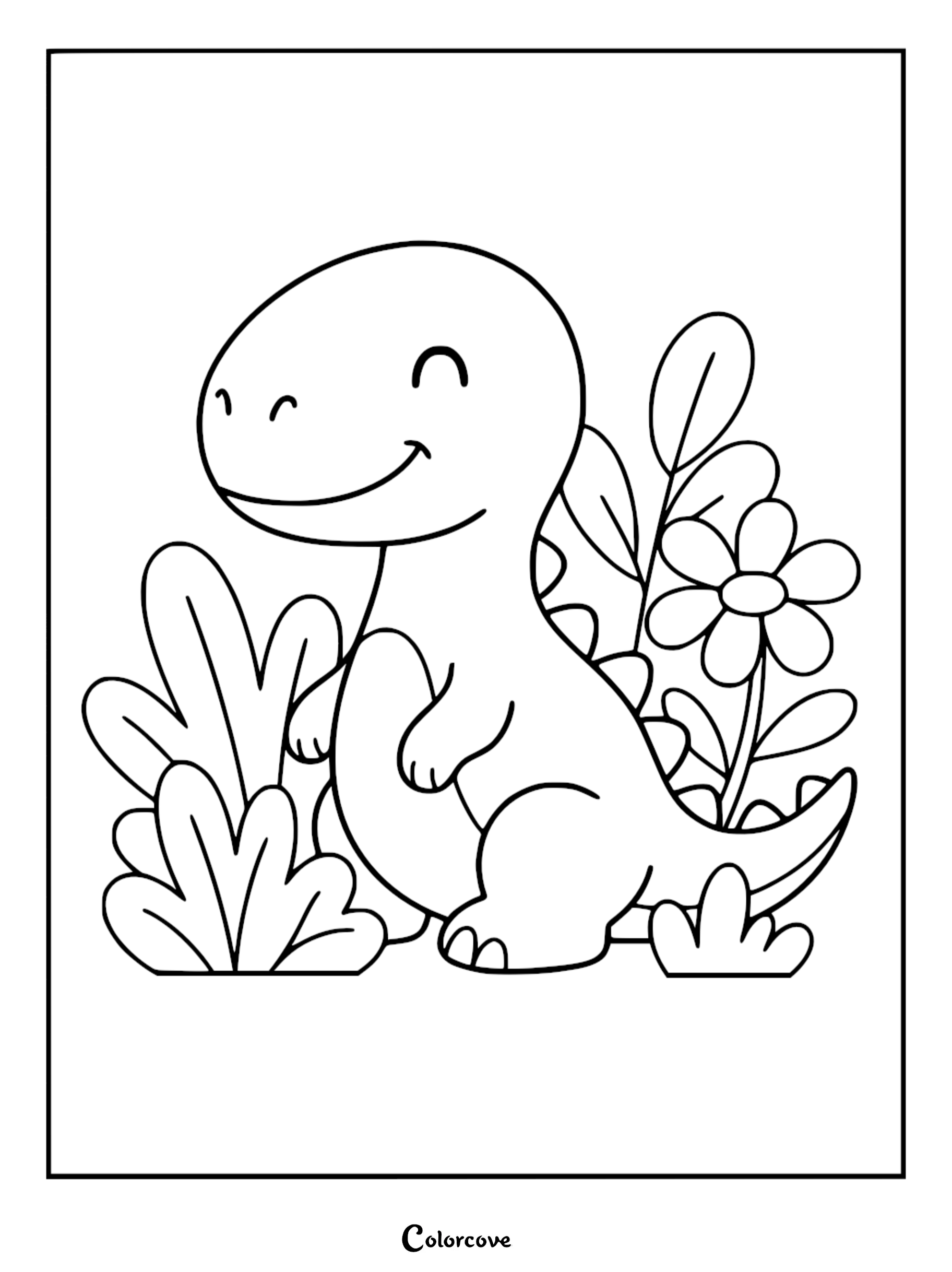 A cute dinosaur standing in a garden with flowers and leaves, simple line art coloring page for kids.