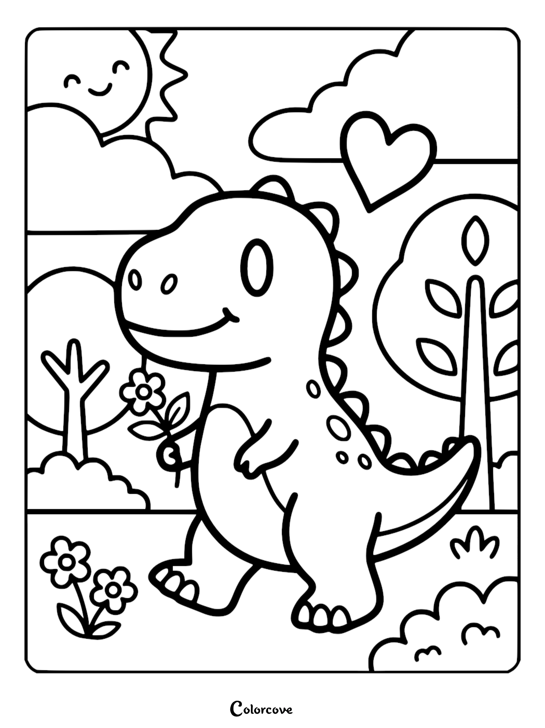 A cute dinosaur holding a flower in a sunny garden with a heart in the sky, printable coloring page.