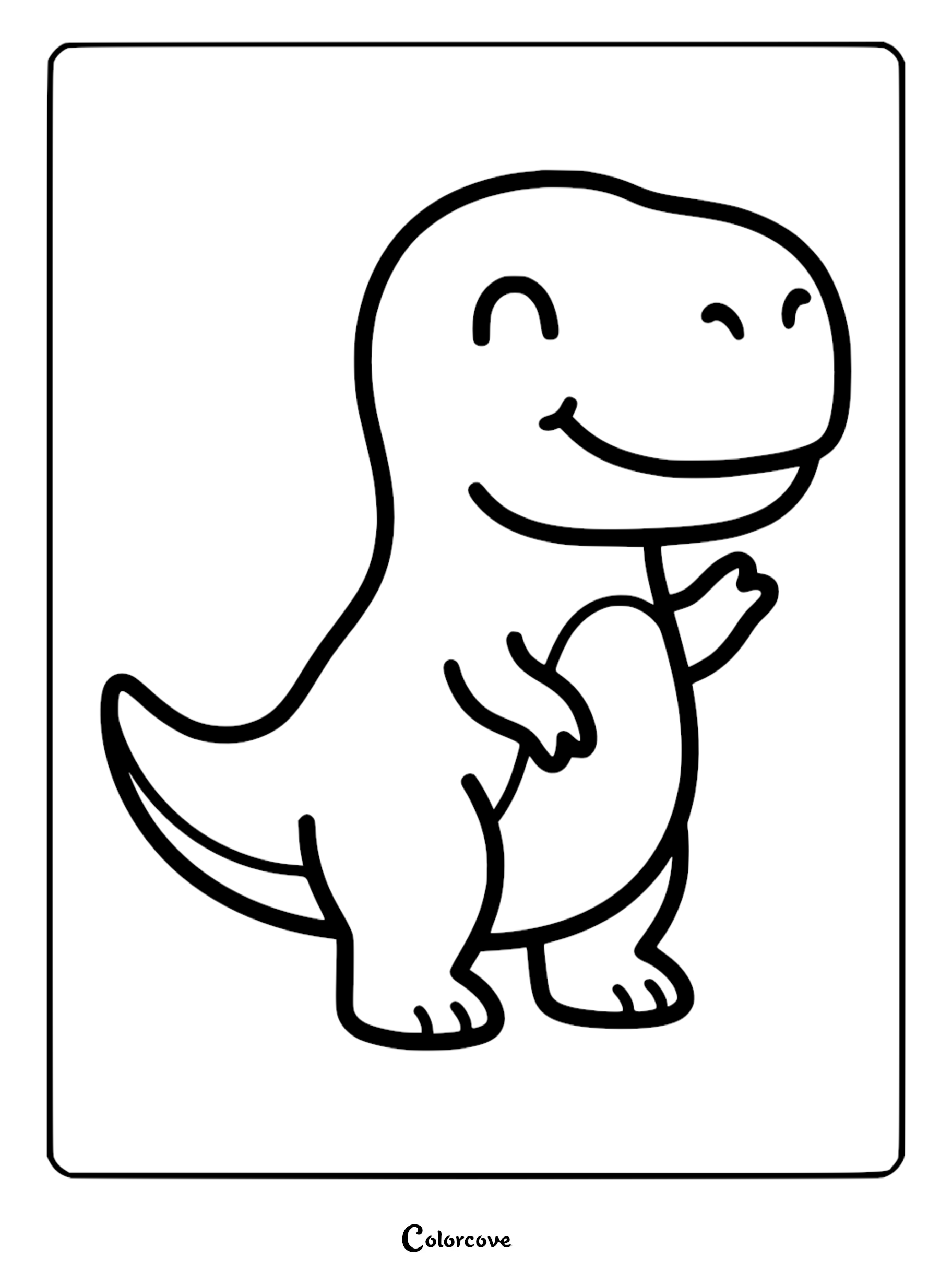 A simple, thick-lined coloring page of a friendly T-Rex standing and waving with a happy smiling face.