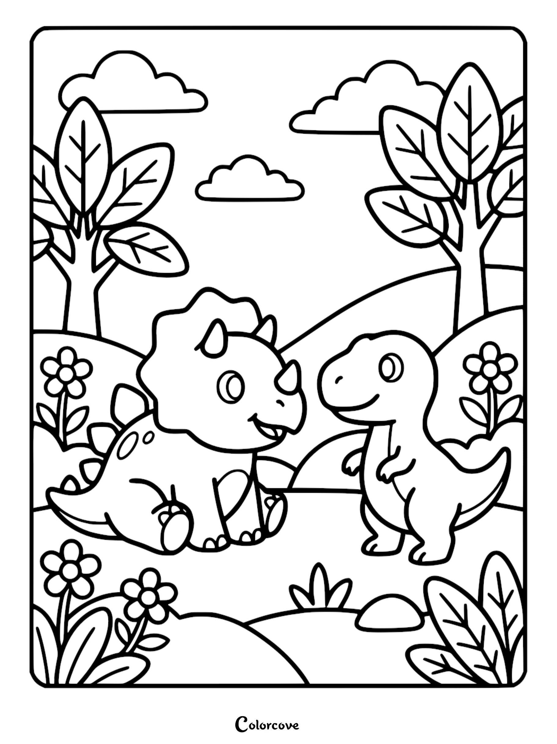 A cute Triceratops sitting next to a friendly T-Rex in a sunny meadow, black and white coloring page for kids.
