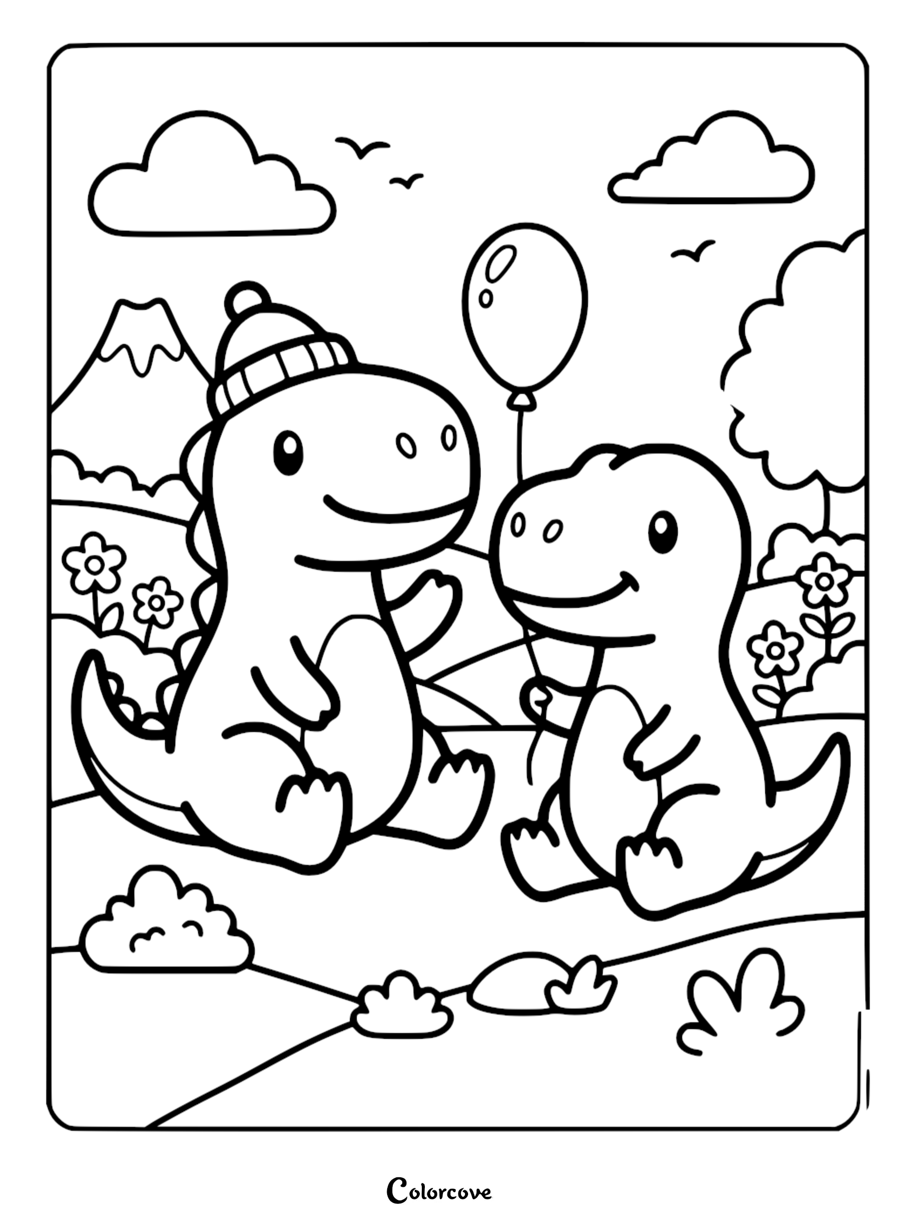 Two cute dinosaurs, one wearing a beanie, holding a balloon in a park coloring page
