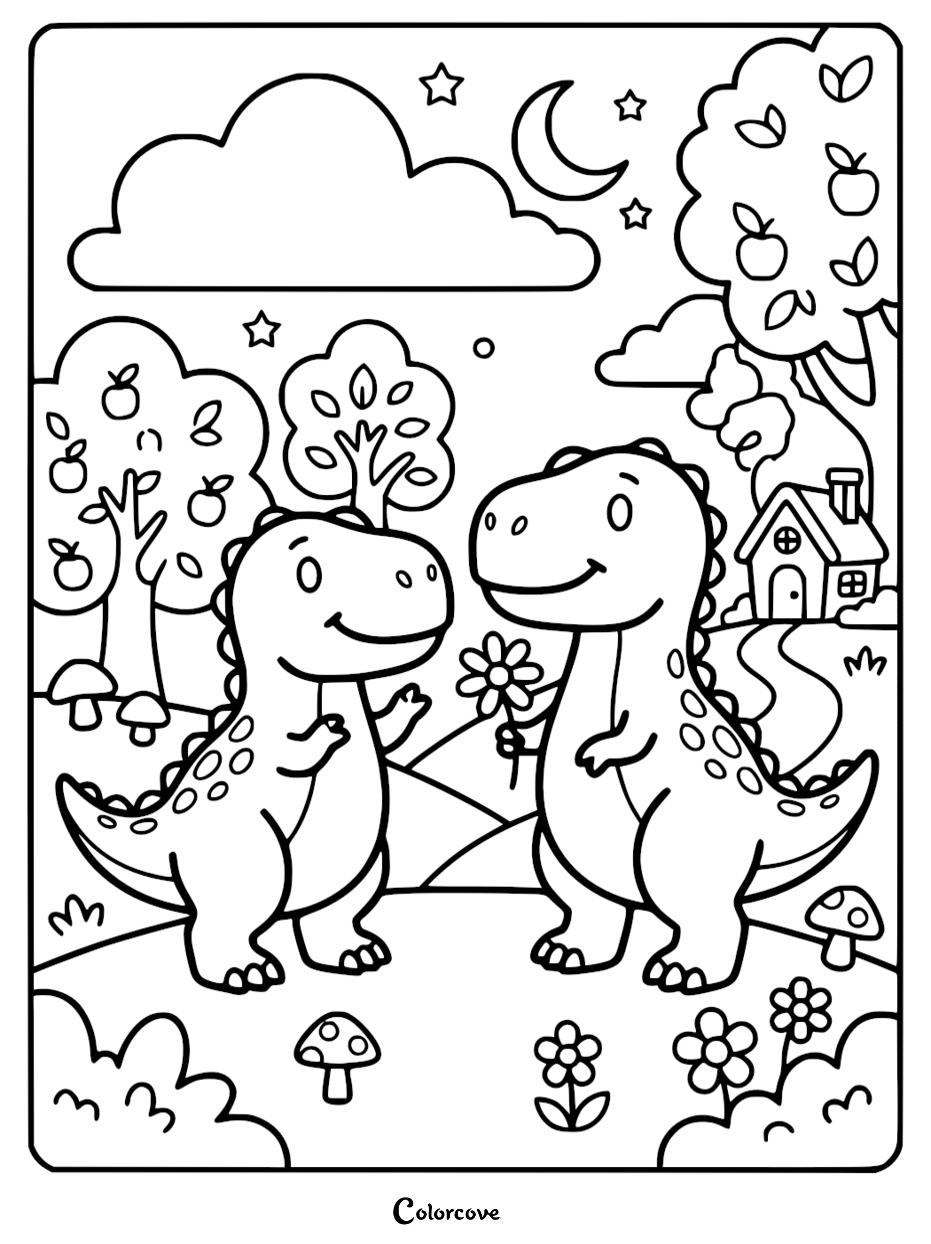 Two cute dinosaurs standing in a night landscape with a moon, stars, and trees, one dinosaur offering a flower to the other in this printable coloring page.