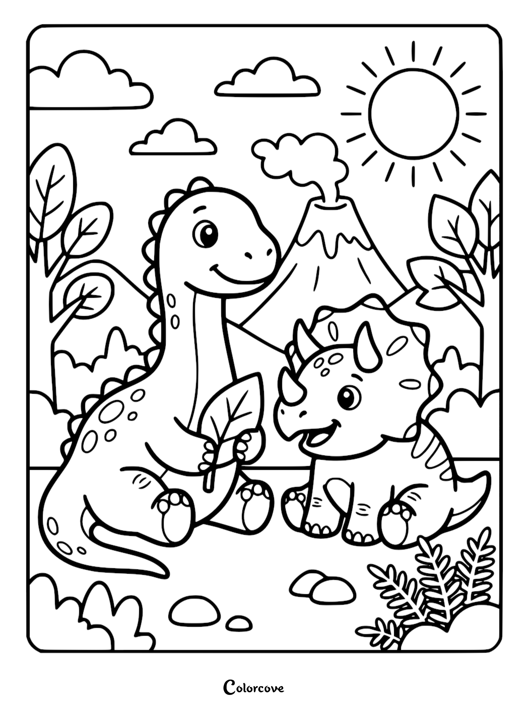A cute Brachiosaurus holding a leaf and a happy Triceratops sitting together in a prehistoric landscape with a smoking volcano, sun, and trees in this coloring page.