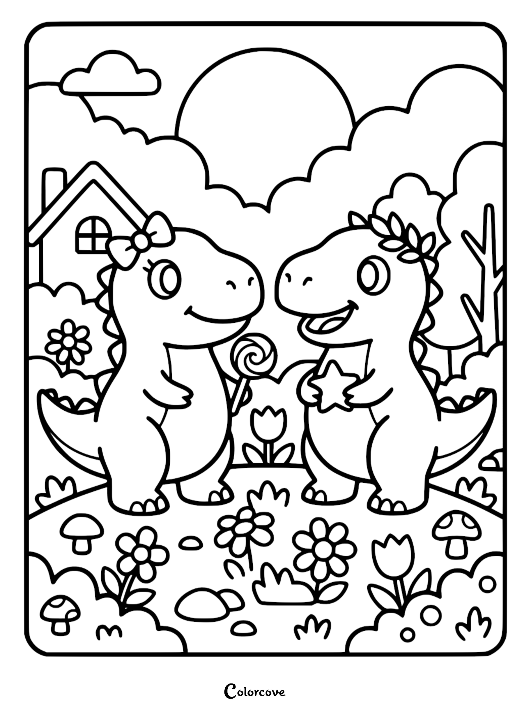A cute dinosaur coloring page featuring two friendly T-Rex characters in a garden, one wearing a bow and holding a lollipop, the other wearing a leaf crown and holding a star.