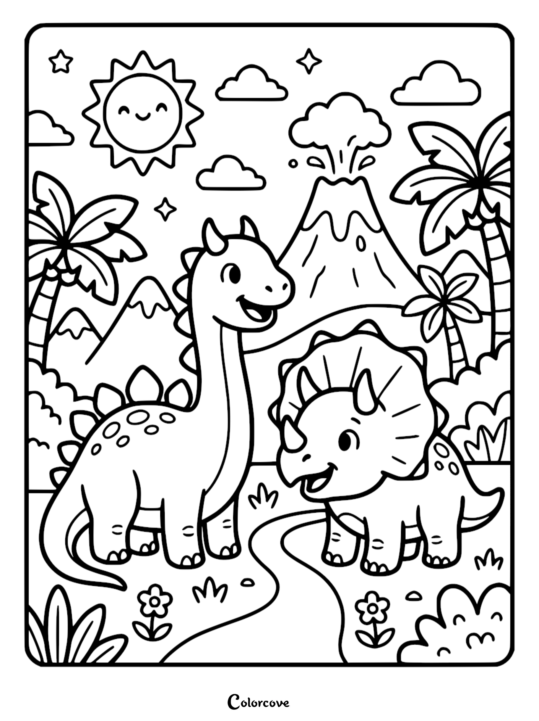 A cute Brachiosaurus and Triceratops standing together in a prehistoric landscape with a volcano, palm trees, and a smiling sun in this printable coloring page.