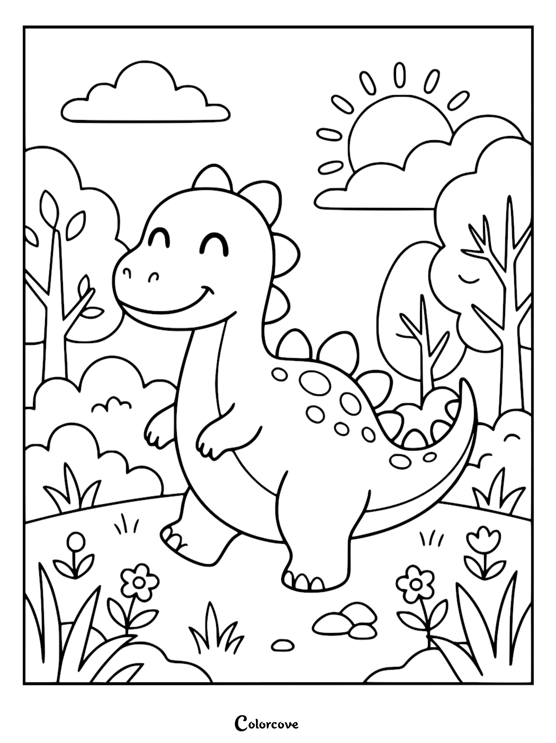 A cute dinosaur with rounded spikes walking through a sunny forest, printable coloring page for kids.