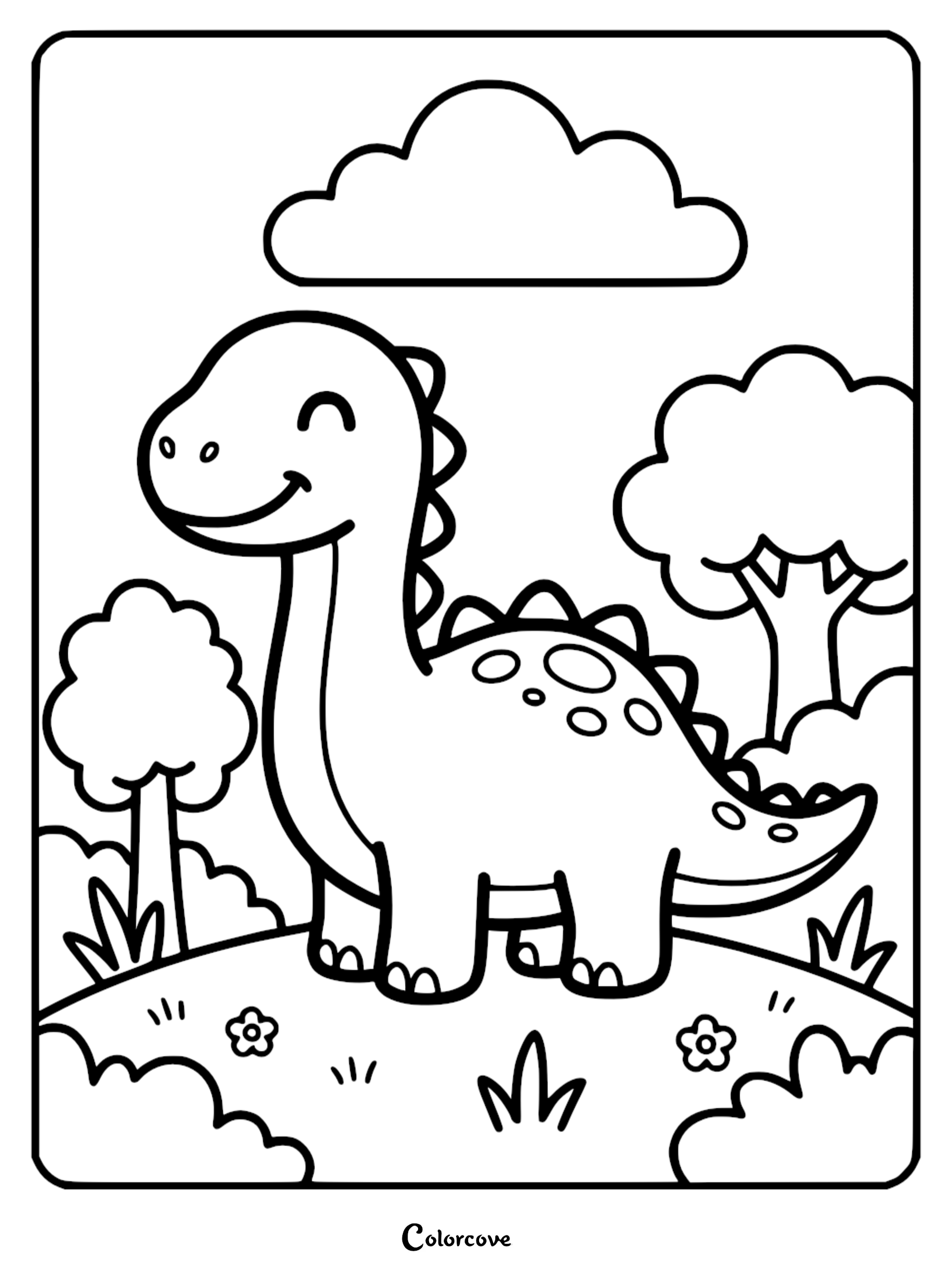 A smiling long-necked dinosaur standing on a grassy hill with trees and a cloud in this printable coloring page.