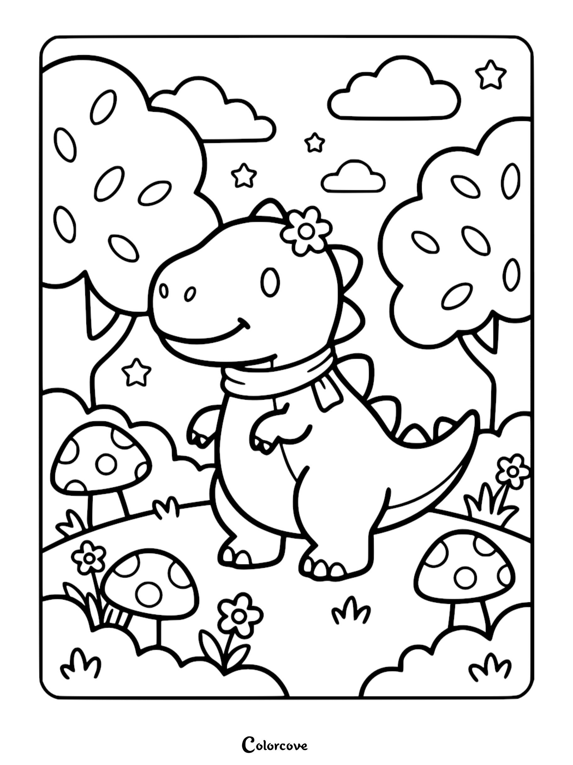 A cute dinosaur wearing a scarf and flower in a forest setting with mushrooms and stars, printable coloring page.