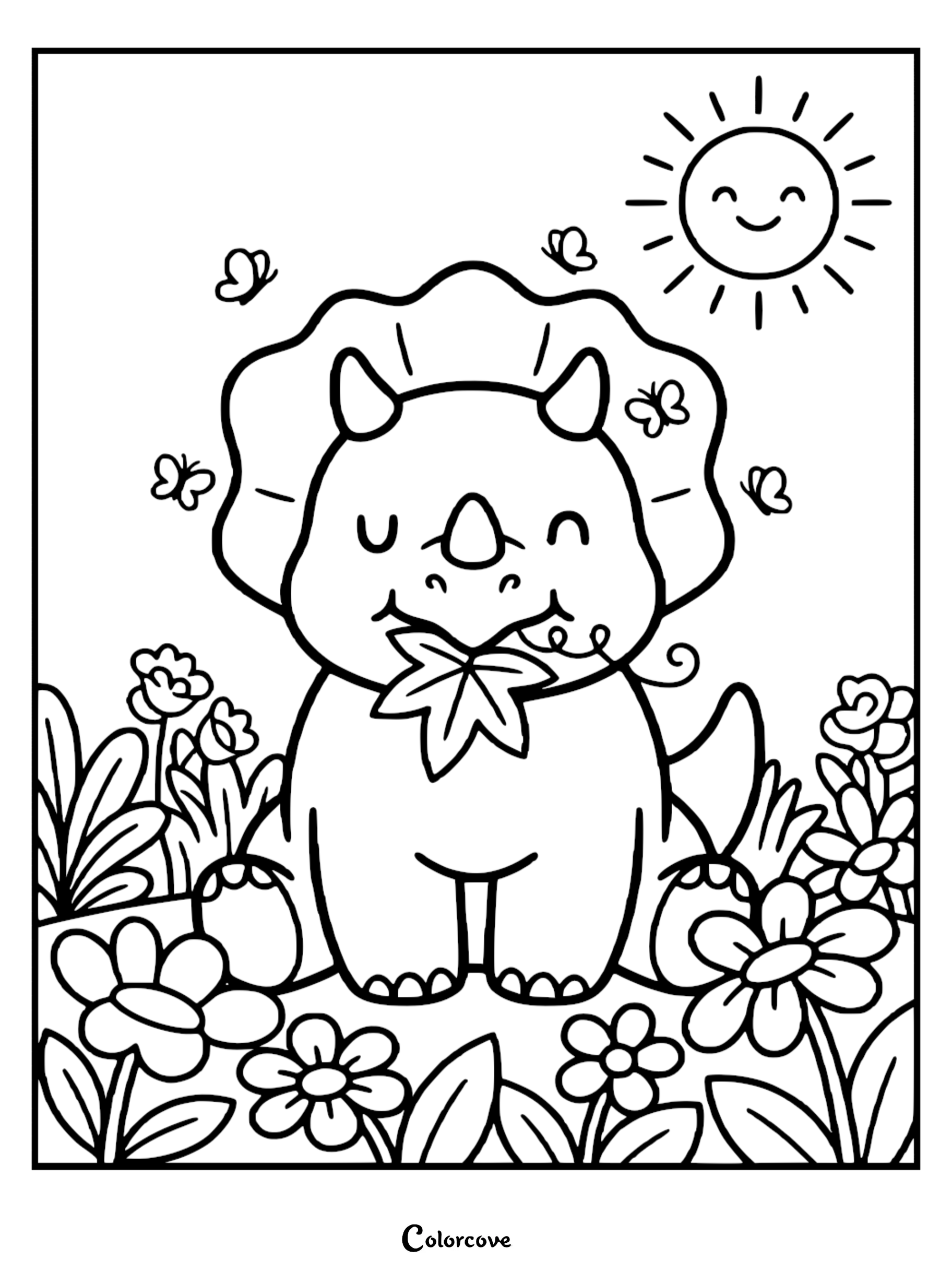 A cute triceratops eating a leaf in a flower garden with butterflies and a smiling sun, printable coloring page.