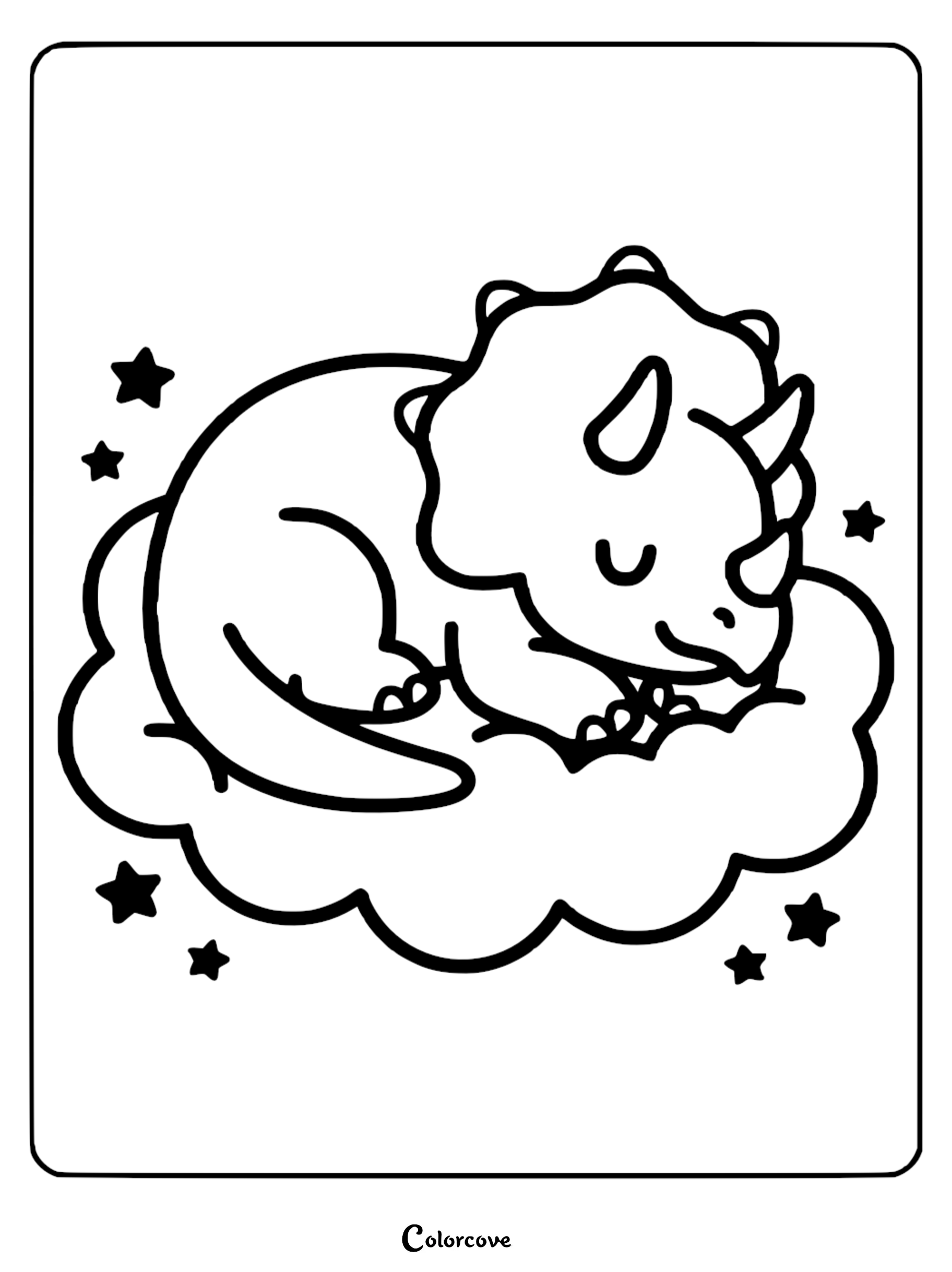 A cute baby triceratops sleeping peacefully on a fluffy cloud surrounded by stars in this printable coloring page.