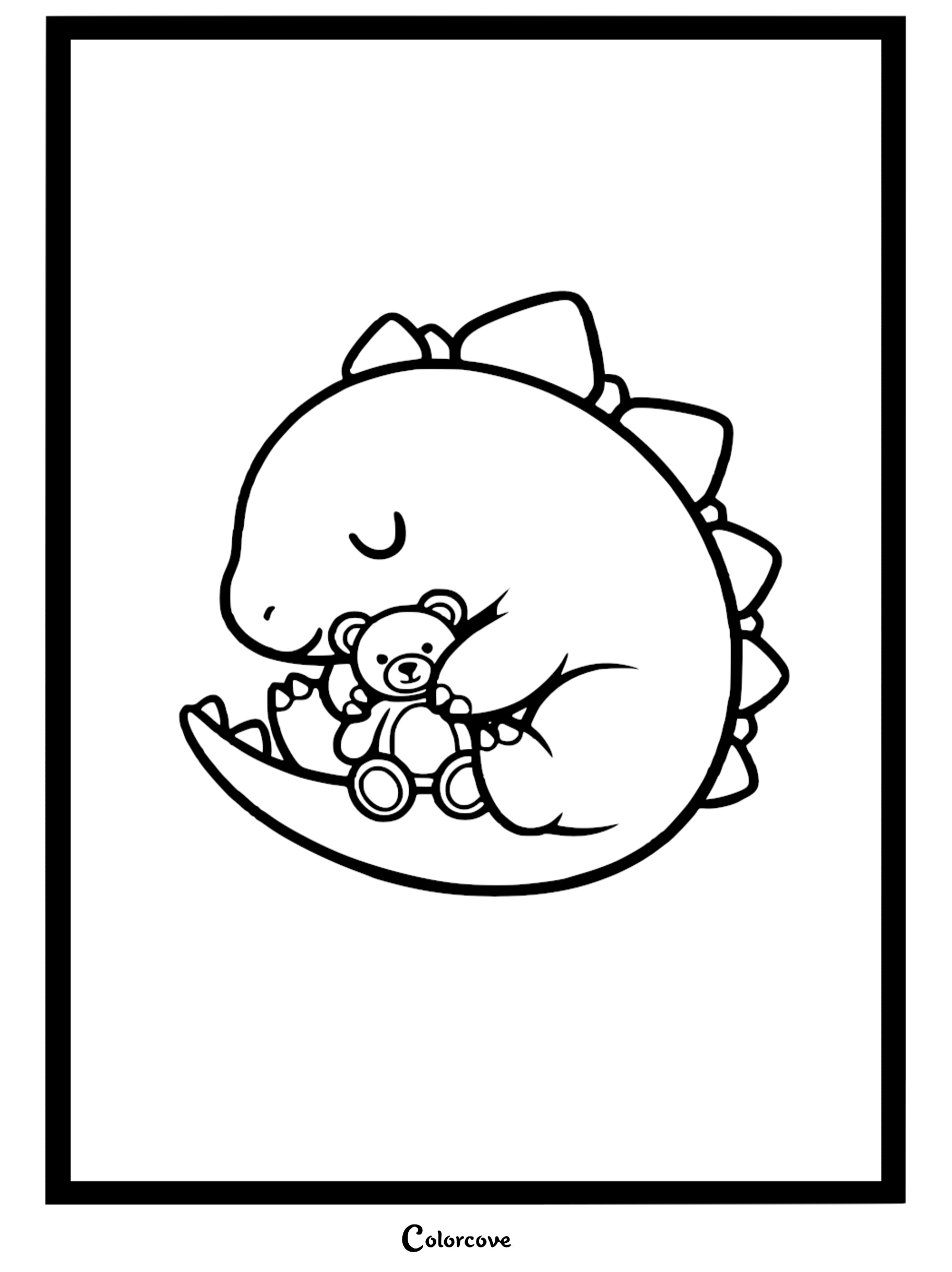A simple line art coloring page of a round, cute baby stegosaurus curled up while hugging a small teddy bear.