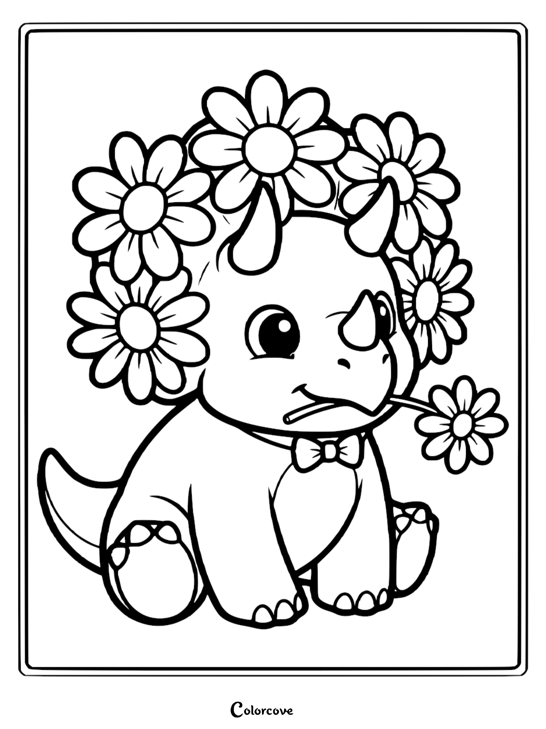 A cute baby triceratops wearing a large daisy flower crown and a bowtie, holding a single flower in its mouth, coloring page.