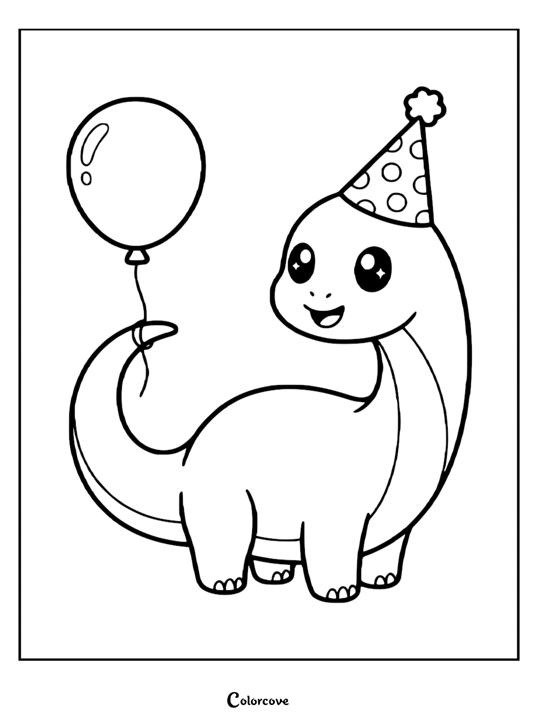 A cute baby brontosaurus wearing a polka-dot party hat and holding a balloon with its tail in this printable coloring page.