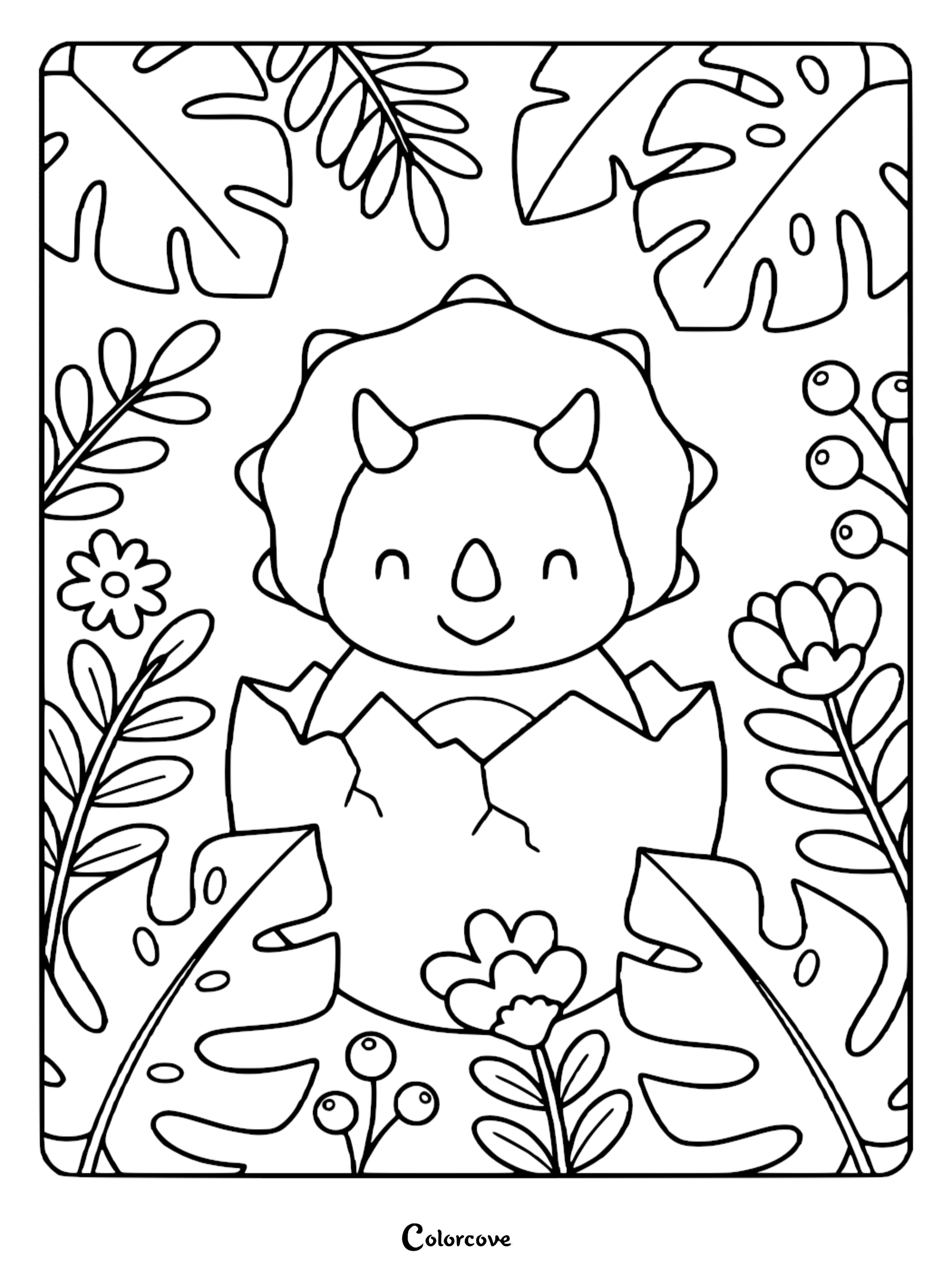 A cute baby triceratops hatching from an egg surrounded by tropical leaves and flowers in this printable coloring page.