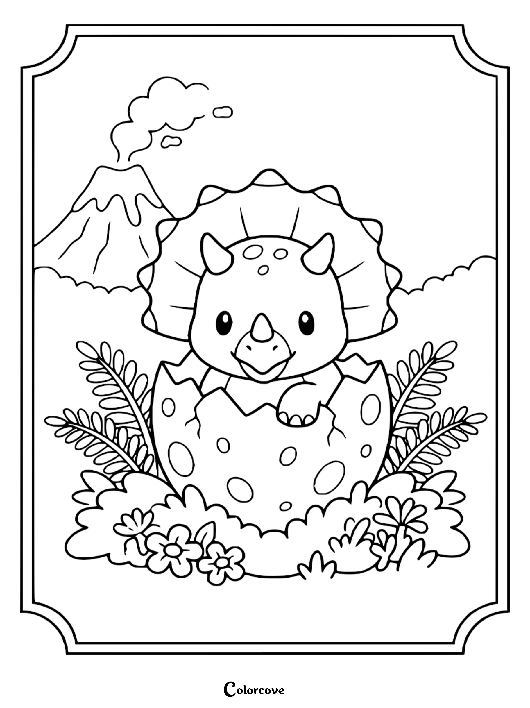 A cute baby Triceratops hatching from a spotted egg in a prehistoric landscape with a smoking volcano, featured as a printable coloring page.