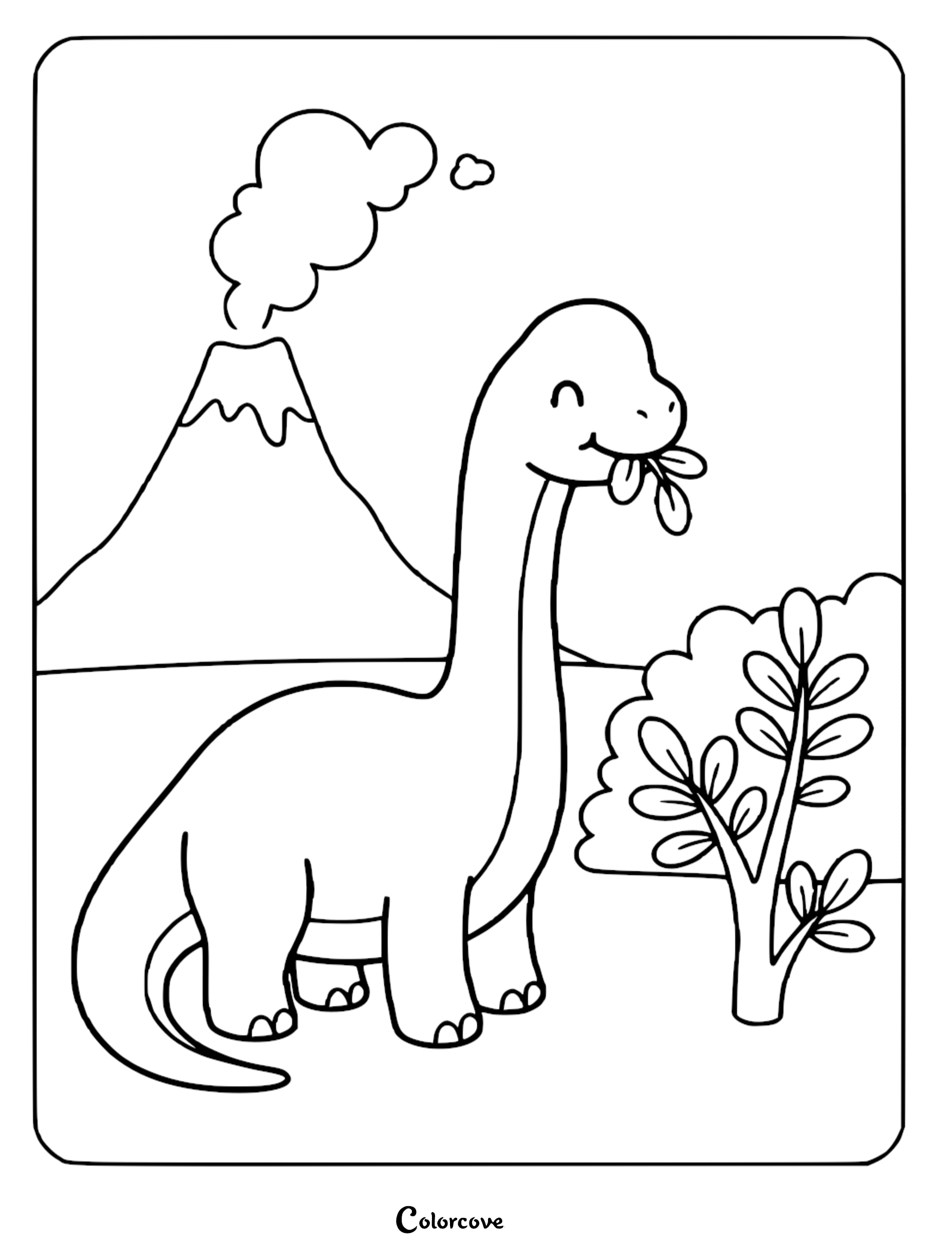 A cute Brachiosaurus eating leaves from a small tree with a smoking volcano in the background, printable coloring page.